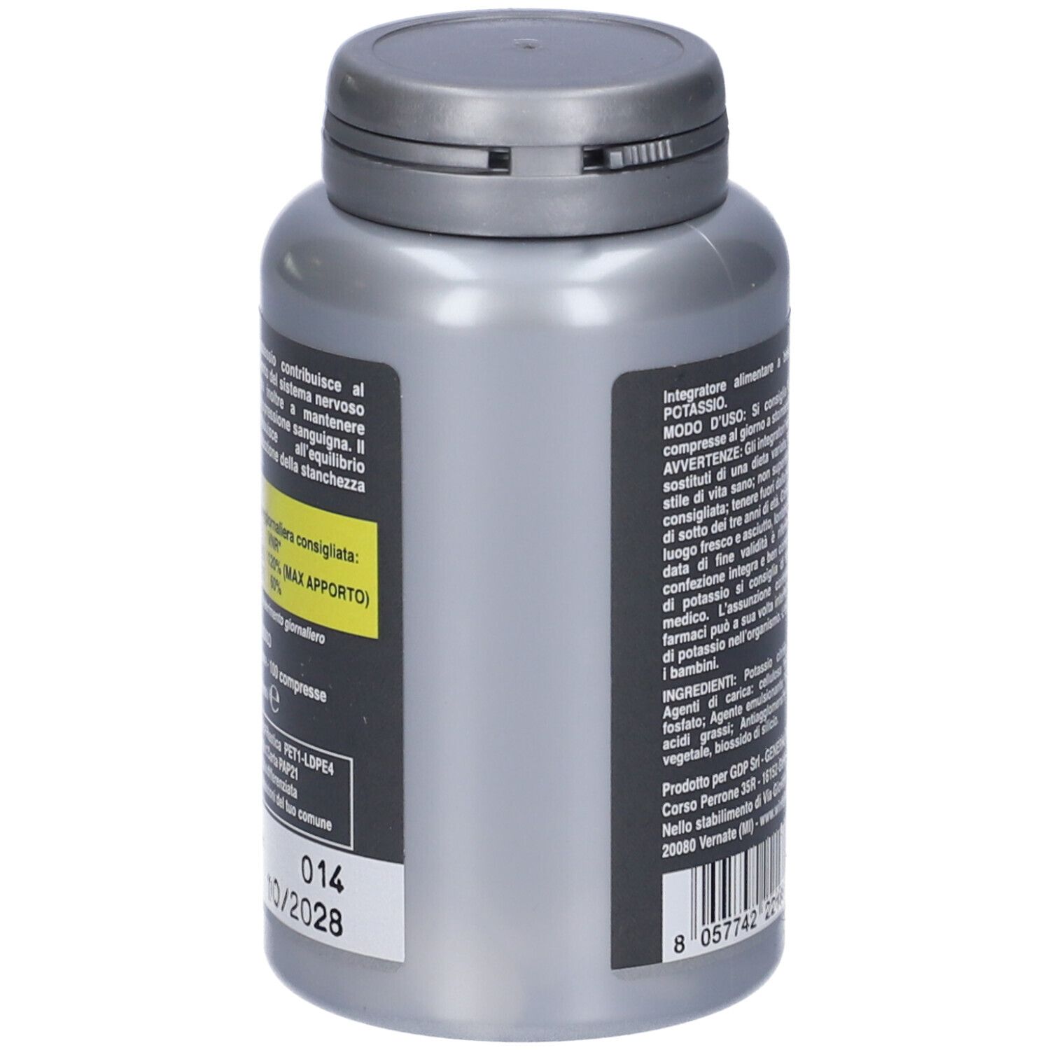 Flacone grigio Winter Magnesio e Potassio Compresse. Vista laterale con testo e data di scadenza 10/2028.