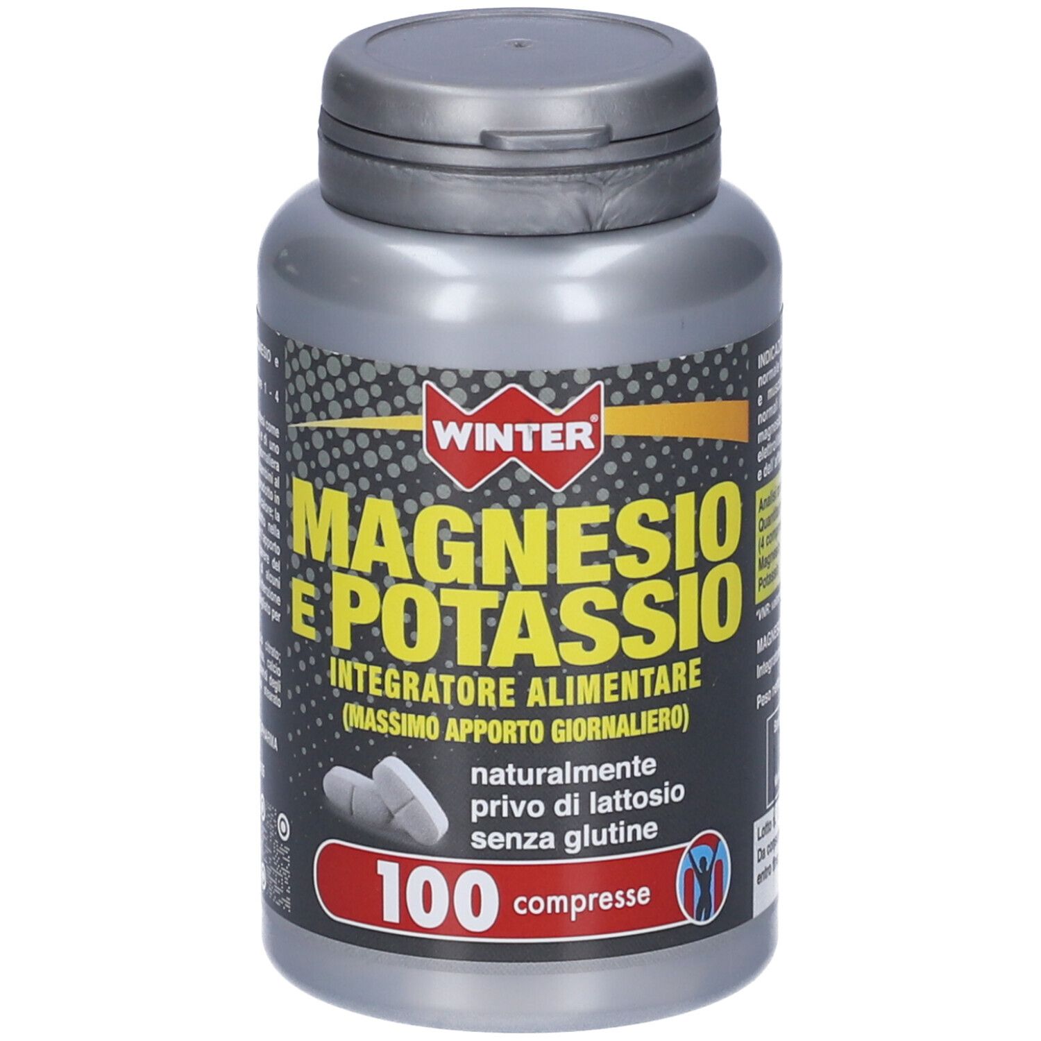 Flacone grigio Winter Magnesio e Potassio Compresse. Scritta: Magnesio e Potassio, 100 compresse, senza glutine, senza lattosio.