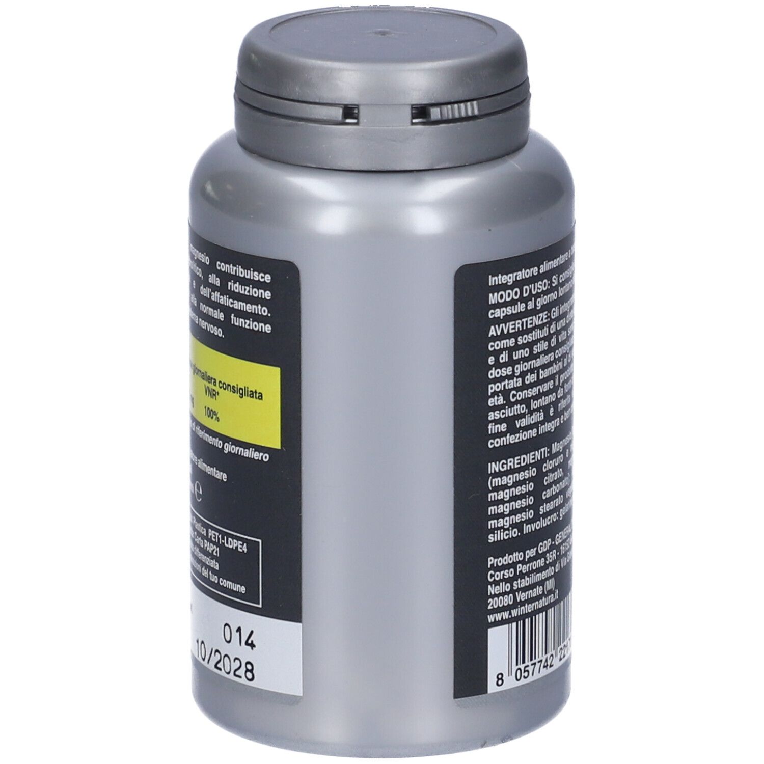 Flacone grigio, vista laterale. Testo: Magnesio Complex, 100 capsule. Scadenza: 10/2028.