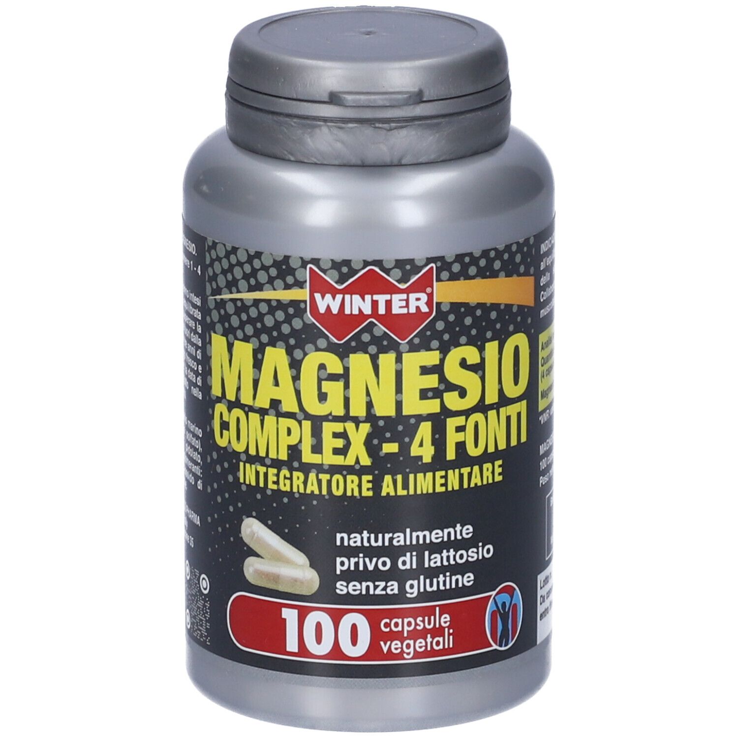 Flacone grigio con capsule. Scritta: Winter Magnesio Complex - 4 Fonti, 100 capsule vegetali. Senza lattosio e senza glutine.