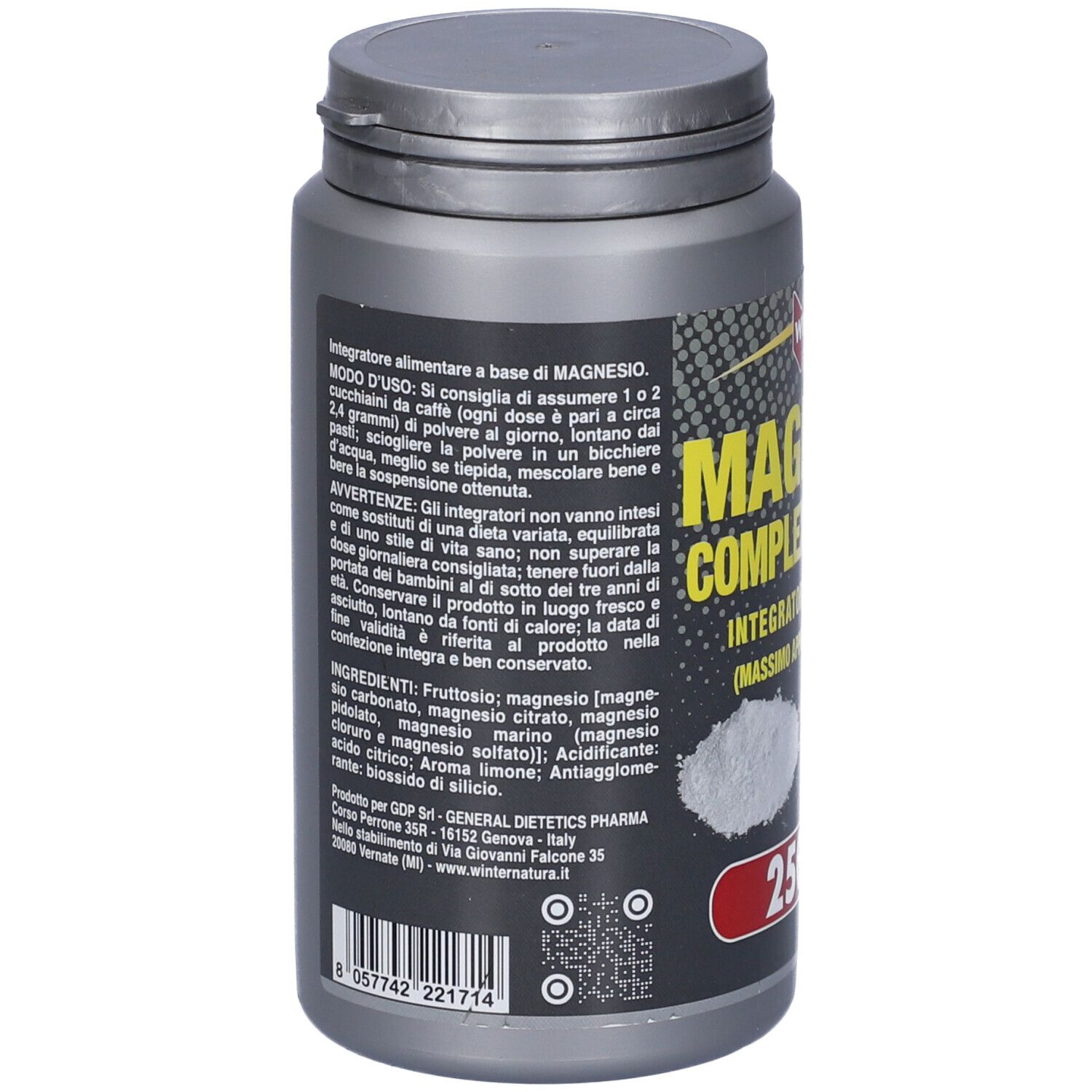 Retro del barattolo grigio con testo. Elenco ingredienti, istruzioni per l'uso e avvertenze.