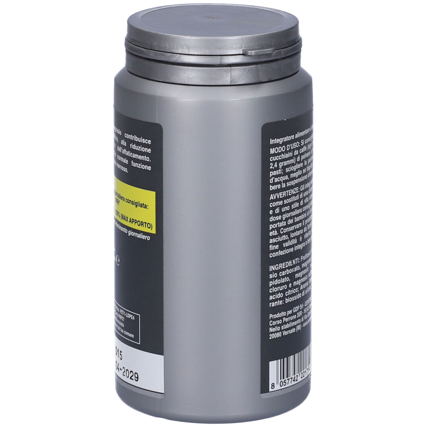 Barattolo grigio, vista laterale. Testo con informazioni sul prodotto.