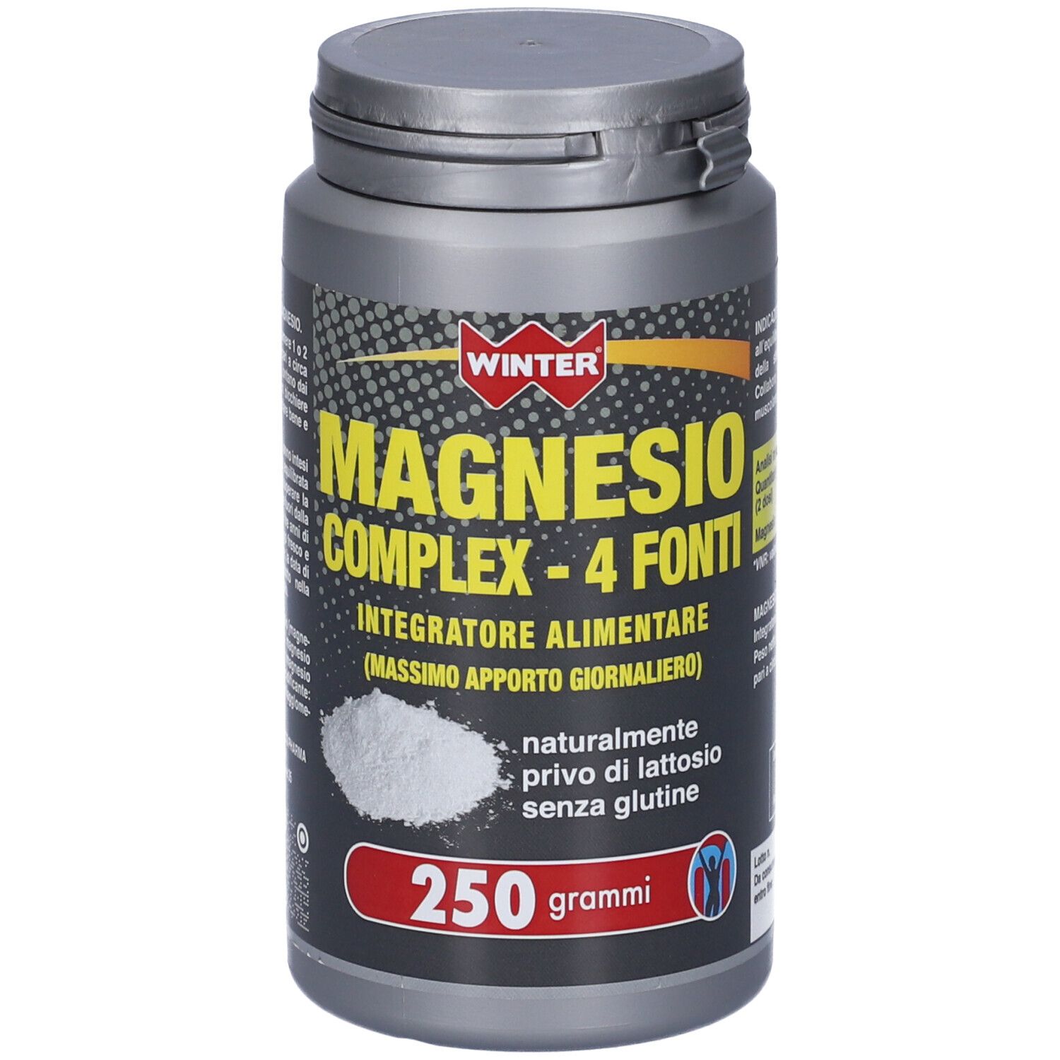 Barattolo grigio di Winter Magnesio Complex 4 Fonti in polvere. 250 grammi. Senza glutine e lattosio.