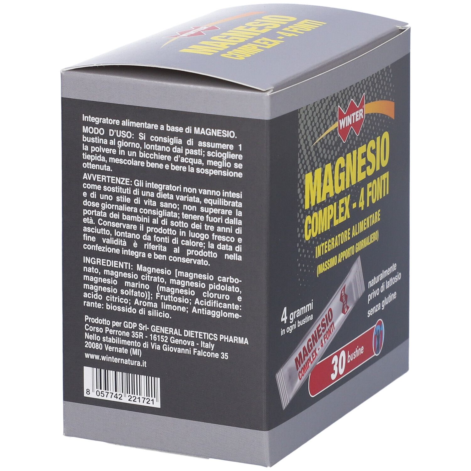 Retro della scatola WINTER MAGNESIO COMPLEX - 4 FONTI. Contiene ingredienti, istruzioni per l'uso e informazioni sul produttore.