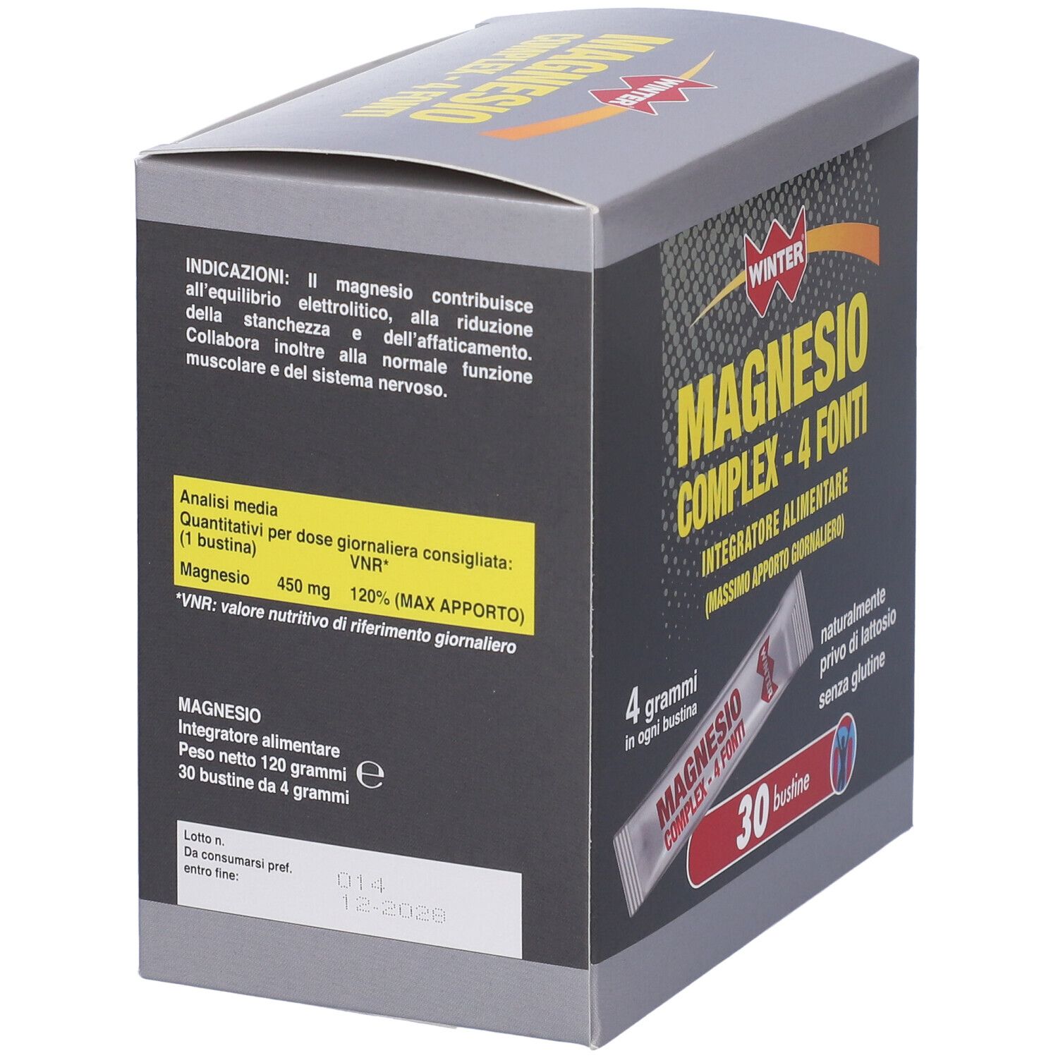 Scatola WINTER MAGNESIO COMPLEX - 4 FONTI. Contiene 30 bustine. Scritto: 4 grammi per bustina, senza glutine, senza lattosio. Valori nutrizionali.
