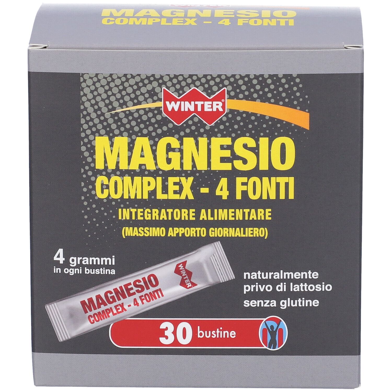 Scatola WINTER MAGNESIO COMPLEX - 4 FONTI. Contiene 30 bustine. Scritto: 4 grammi per bustina, senza glutine, senza lattosio.