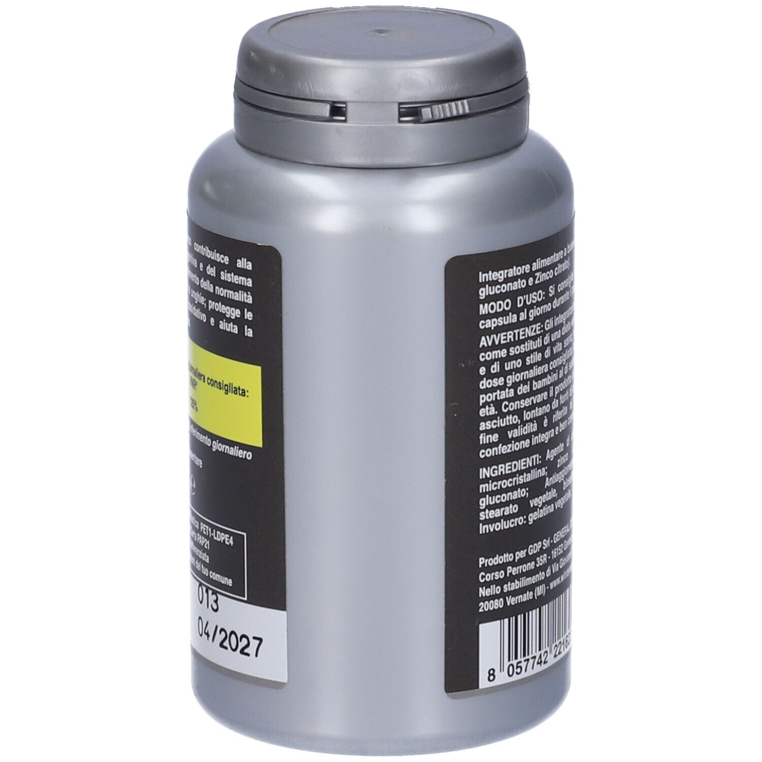 Flacone grigio Winter Zinco, vista laterale. Testo con ingredienti e istruzioni per l'uso. Scadenza 04/2027.