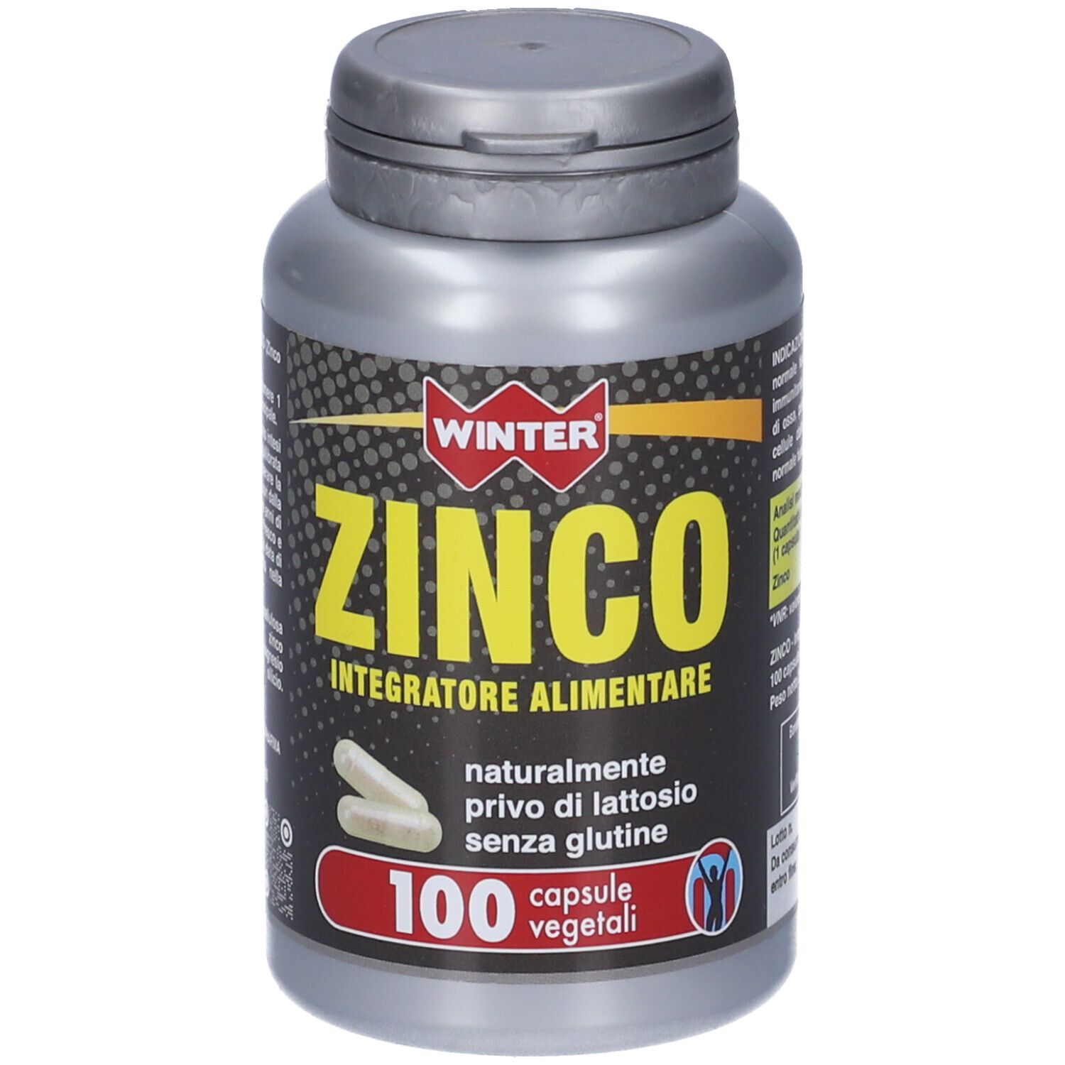 Flacone grigio Winter Zinco. Scritta: ZINCO, Integratore Alimentare, 100 capsule vegetali. Informazioni nutrizionali.