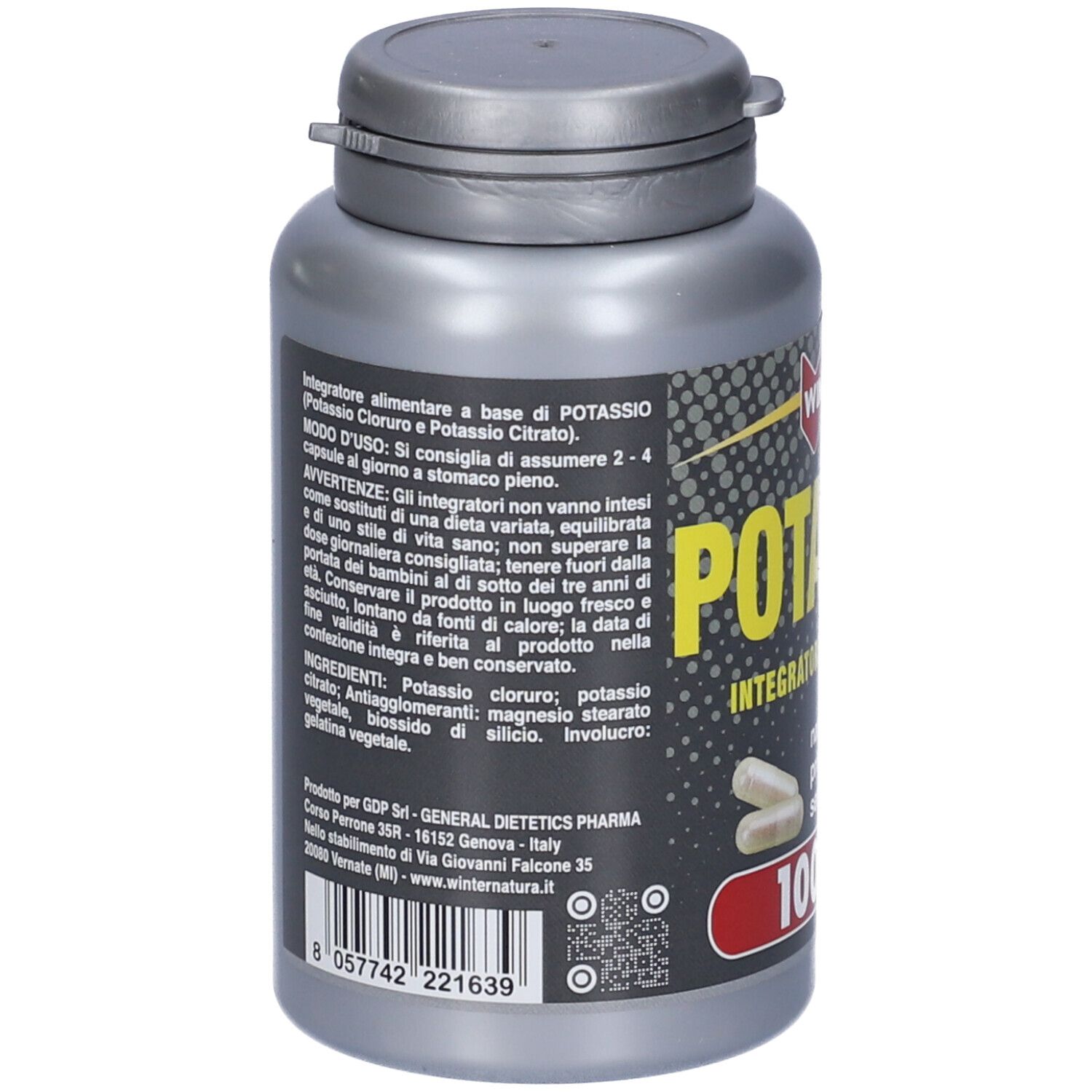Retro del flacone grigio Winter Potassio. Testo: Integratore alimentare a base di Potassio. Ingredienti, modo d'uso, avvertenze.