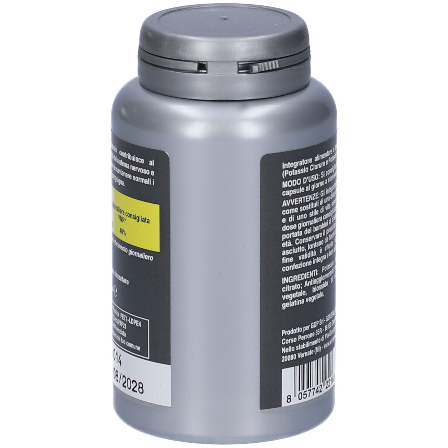 Flacone grigio Winter Potassio. Etichetta gialla con informazioni sulla dose giornaliera. Testo: 40% del fabbisogno giornaliero.