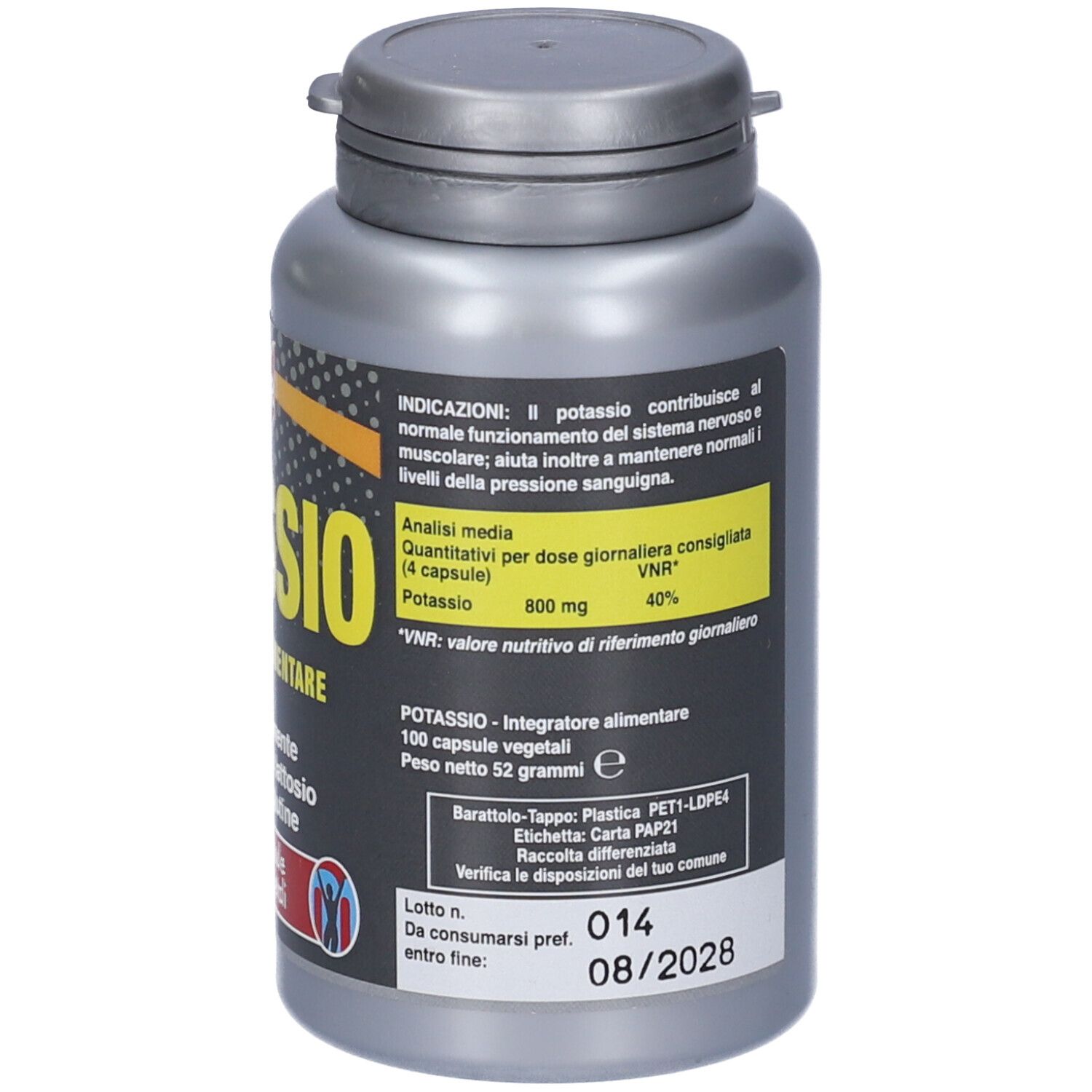 Flacone grigio Winter Potassio. Scritta: Potassio, Integratore Alimentare, 100 capsule vegetali. Tabella analisi, 800 mg potassio.