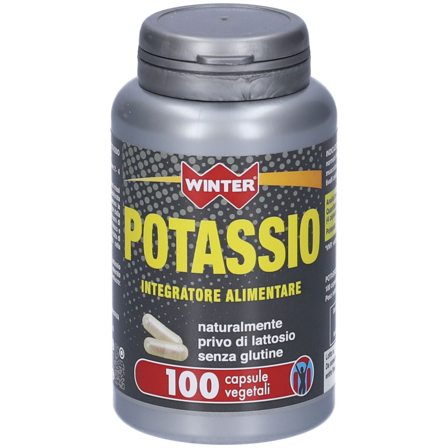 Flacone grigio Winter Potassio. Scritta: Potassio, Integratore Alimentare, 100 capsule vegetali. Senza glutine, senza lattosio.