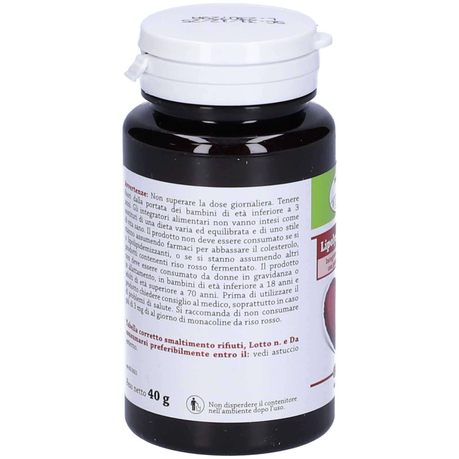Flacone di capsule marrone. Scritta: Lipolysar 08, 80 capsule. Logo: cuore con ingranaggio. Coperchio bianco.