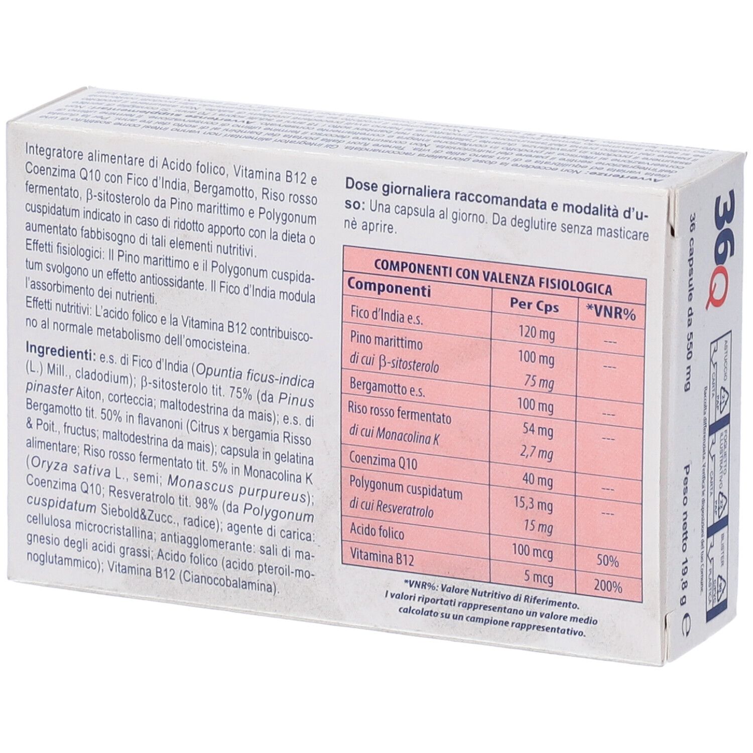 Scatola bianca con elenco ingredienti. Testo: 36 capsule. Informazioni nutrizionali per capsula.