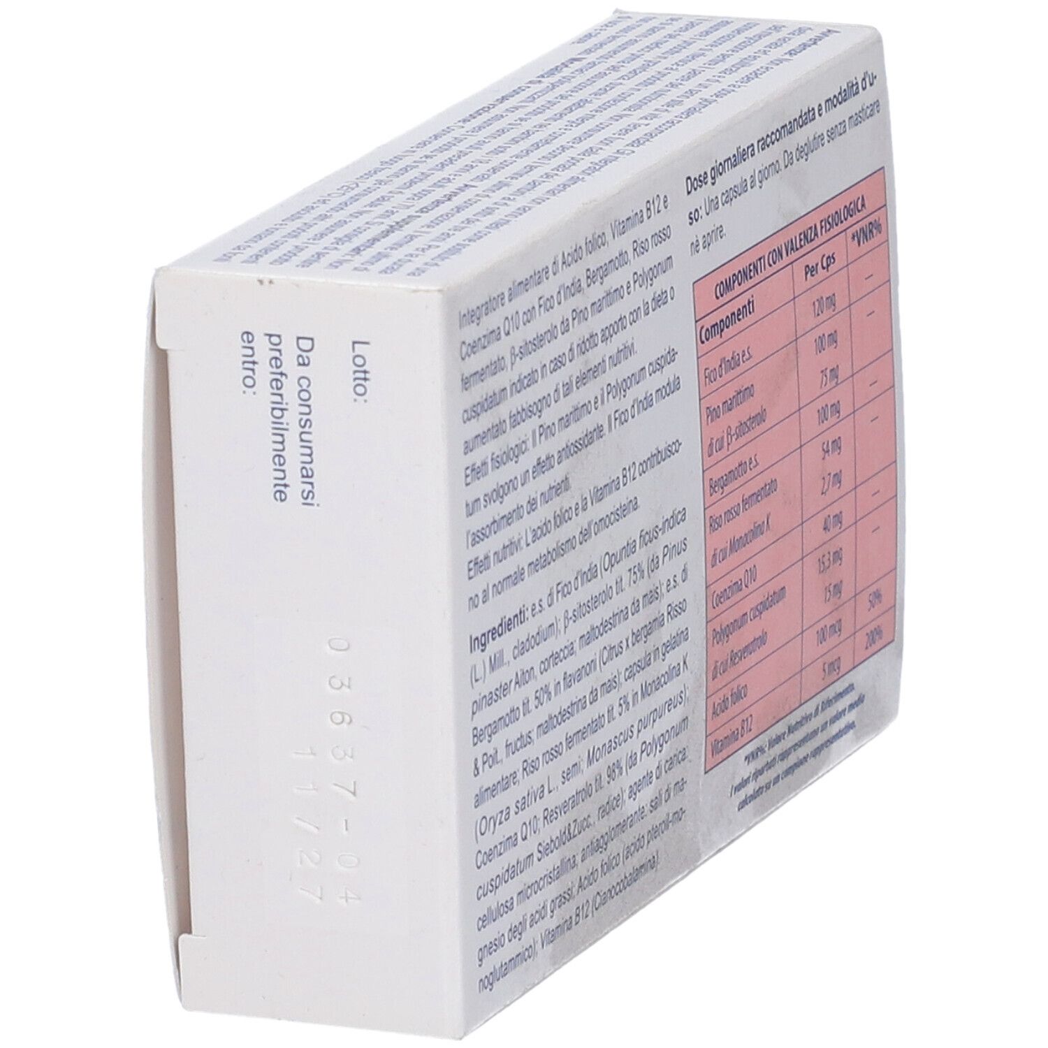 Scatola bianca, testo: Da consumarsi preferibilmente entro. Numero di lotto. Dettaglio elenco ingredienti.