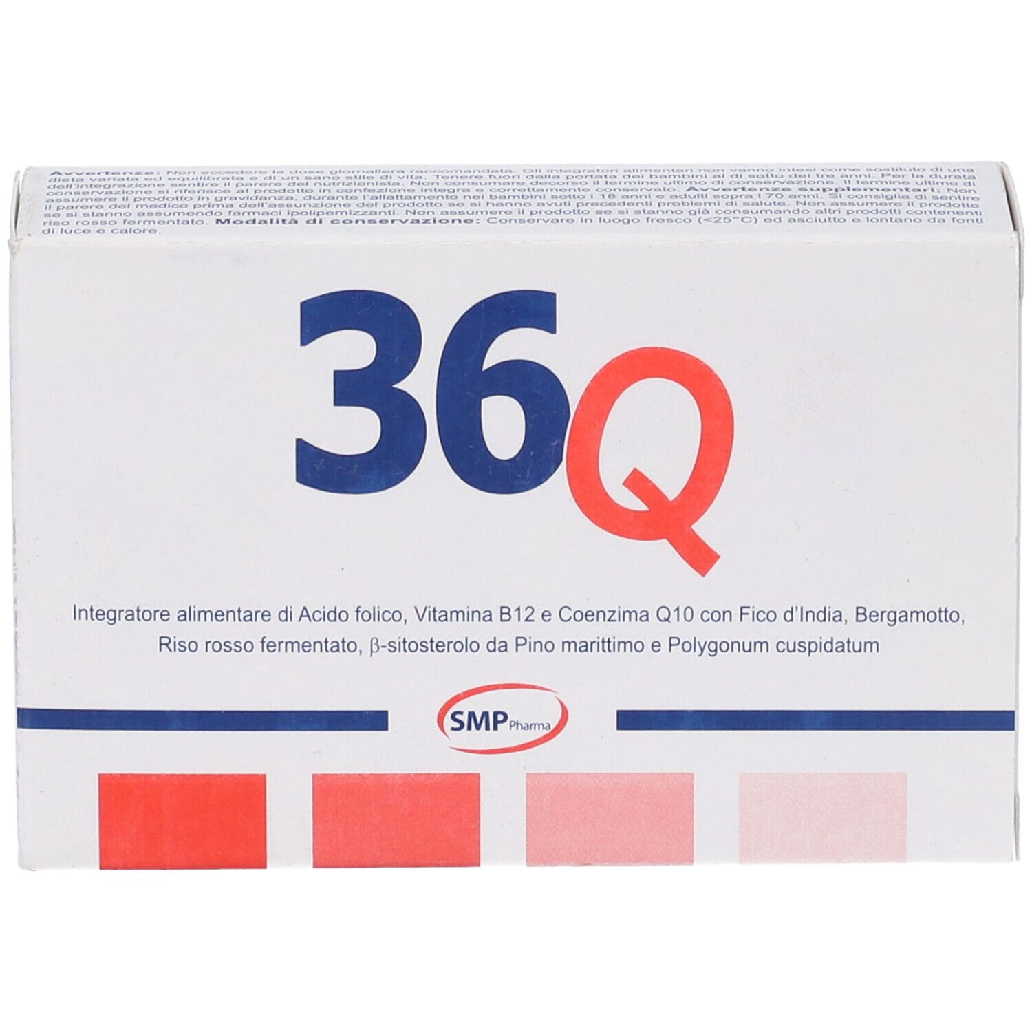 Scatola bianca con logo blu "36Q". Strisce rosse in basso. Testo: Integratore alimentare.
