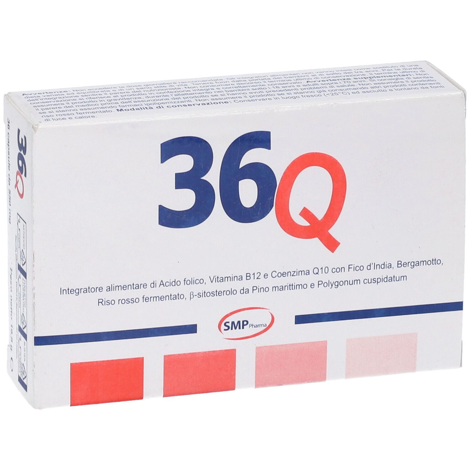 Scatola bianca con logo blu "36Q". Strisce rosse in basso. Testo: Integratore alimentare.