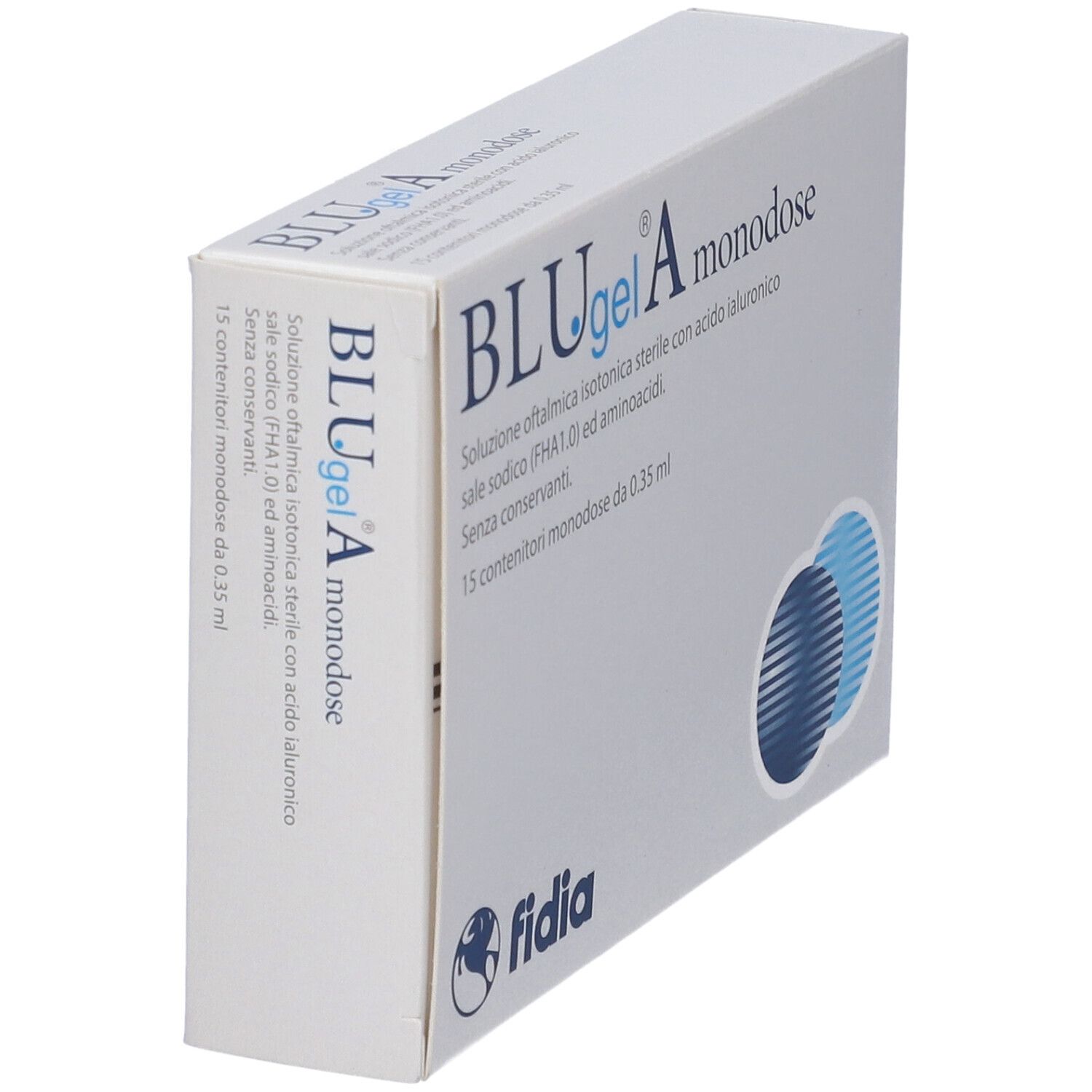 Scatola bianca con testo: BLUgel A monodose. Fidia. 15 monodose. Grafica blu.