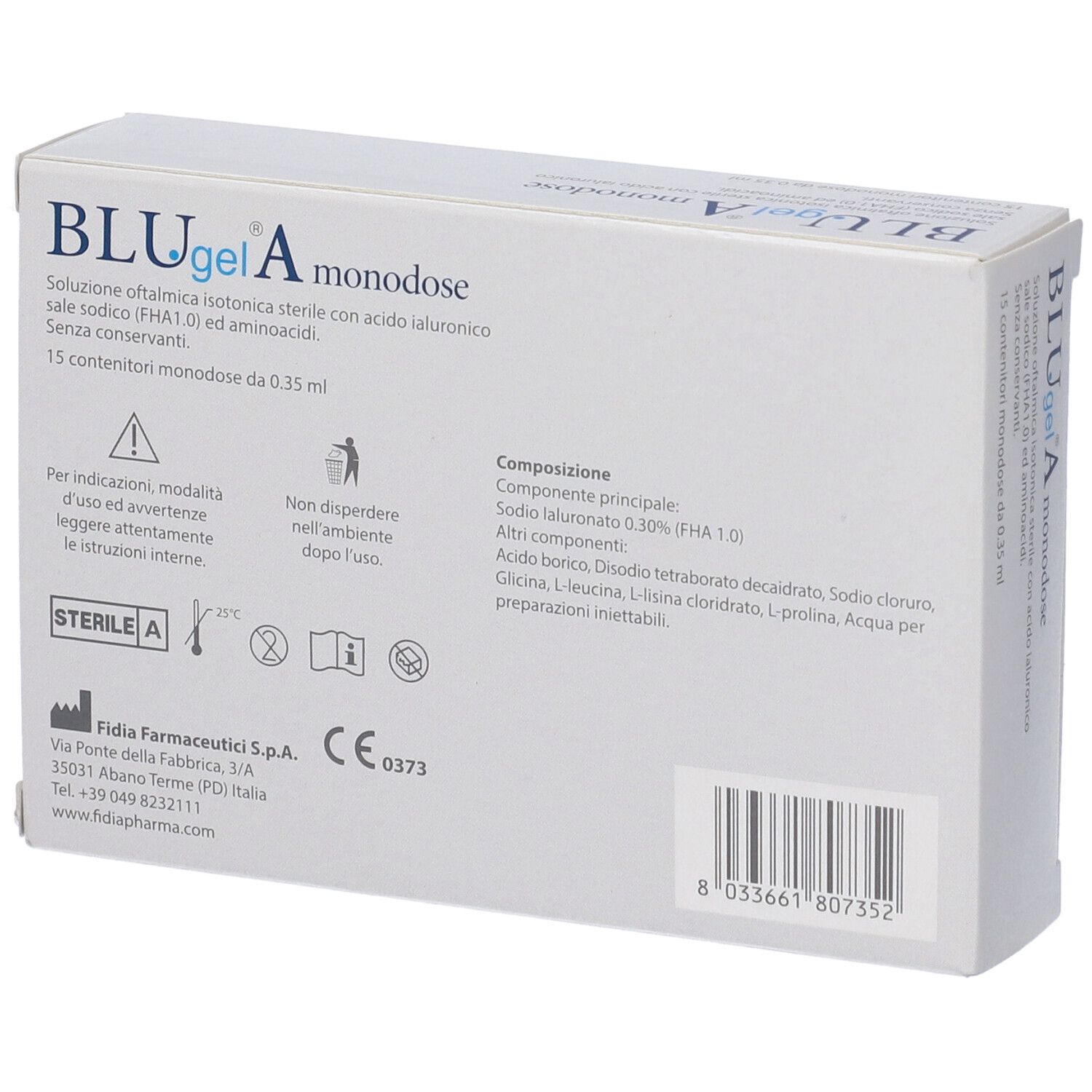 Scatola bianca con testo: BLUgel A monodose. Fidia. 15 monodose. Ingredienti, marchio CE.
