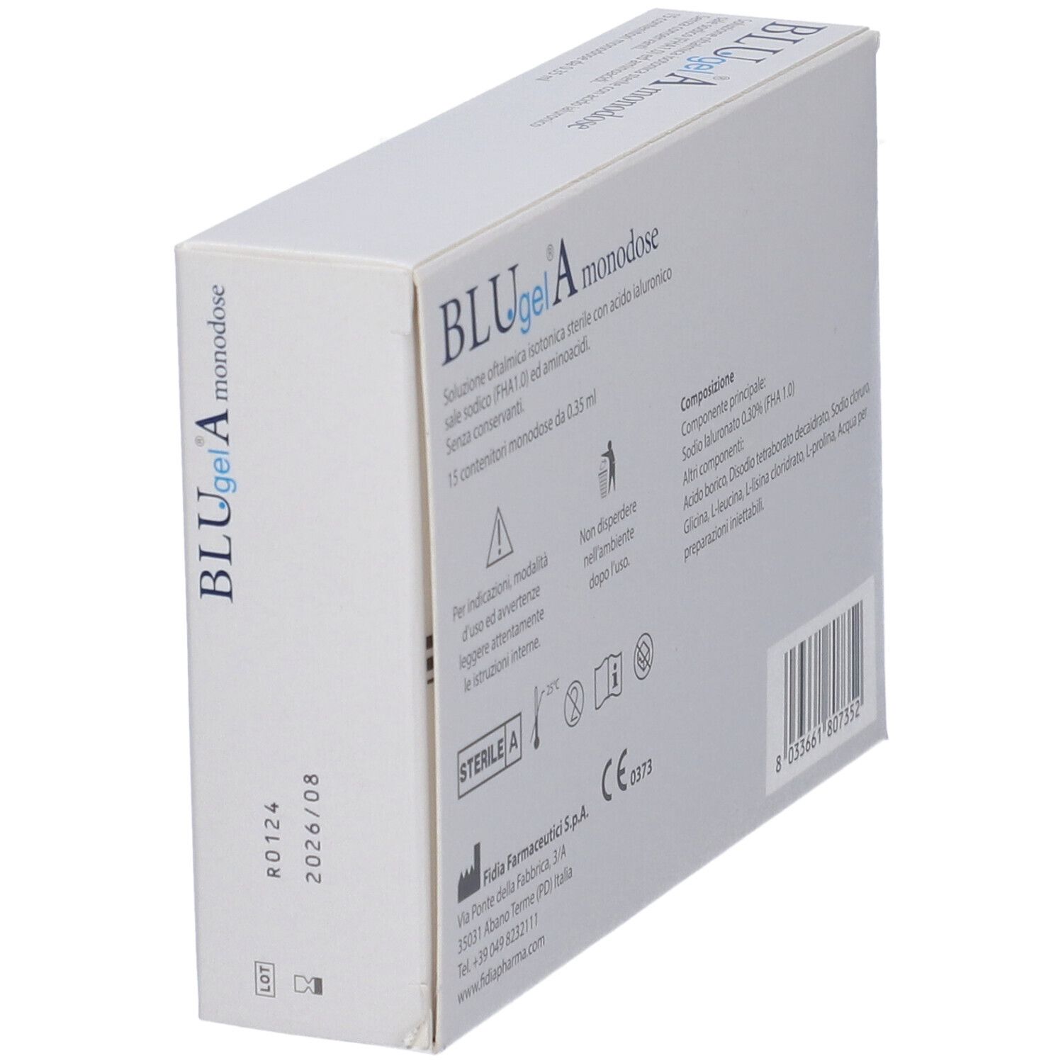 Scatola bianca con testo: BLUgel A monodose. Fidia. 15 monodose. Marchio CE.