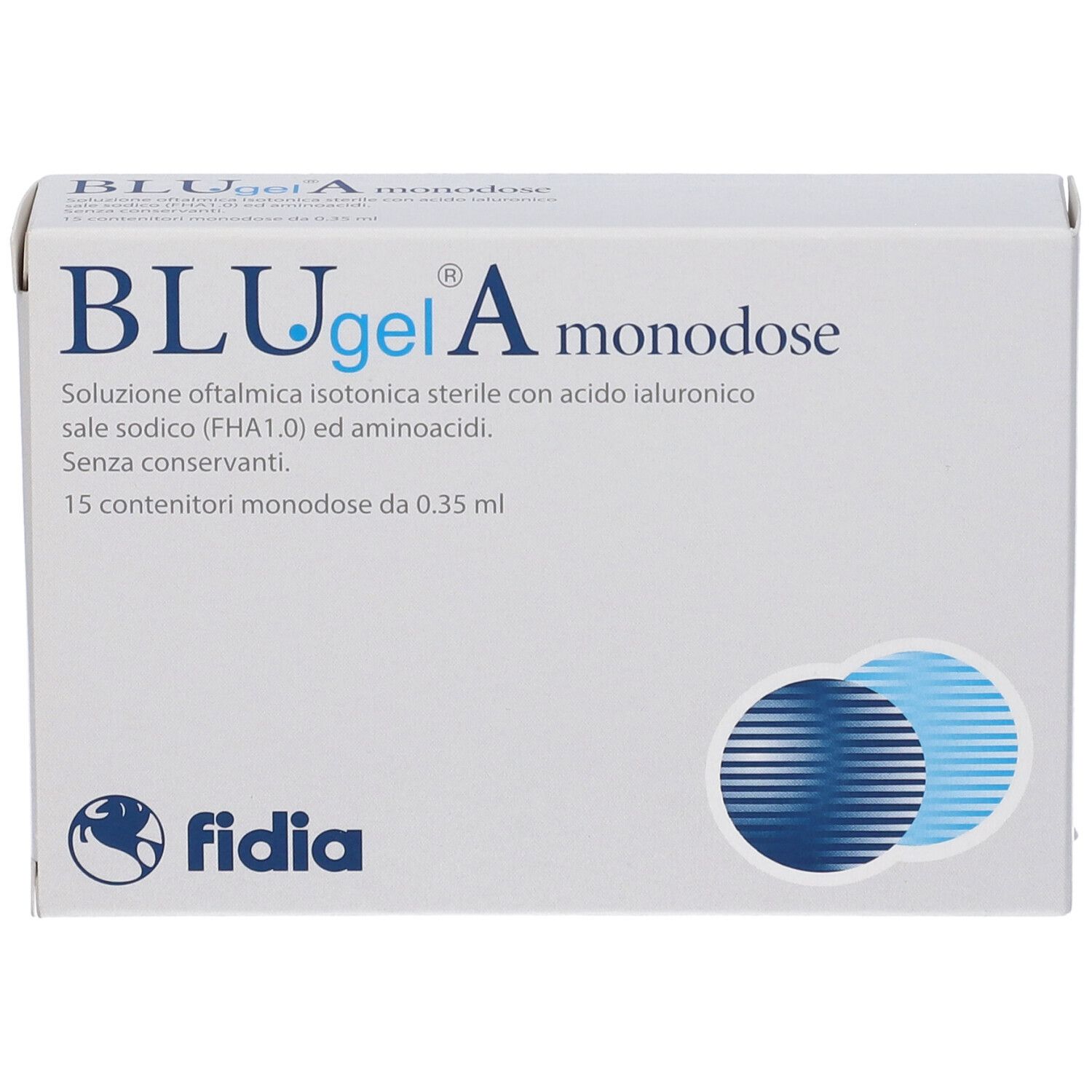 Scatola bianca con testo: BLUgel A monodose. Fidia. 15 monodose. Logo.