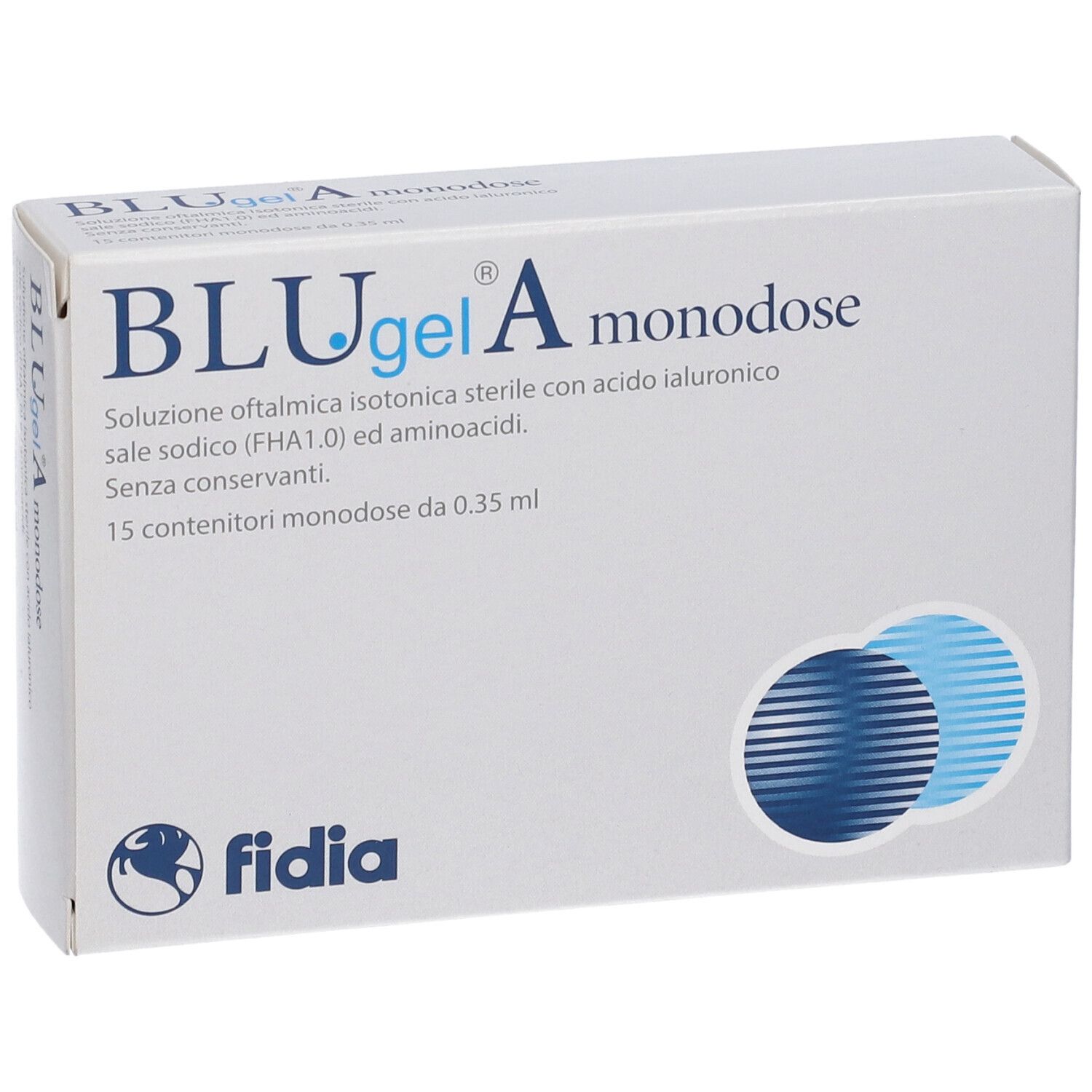 Scatola bianca con testo: BLUgel A monodose. Fidia. 15 monodose. Logo.