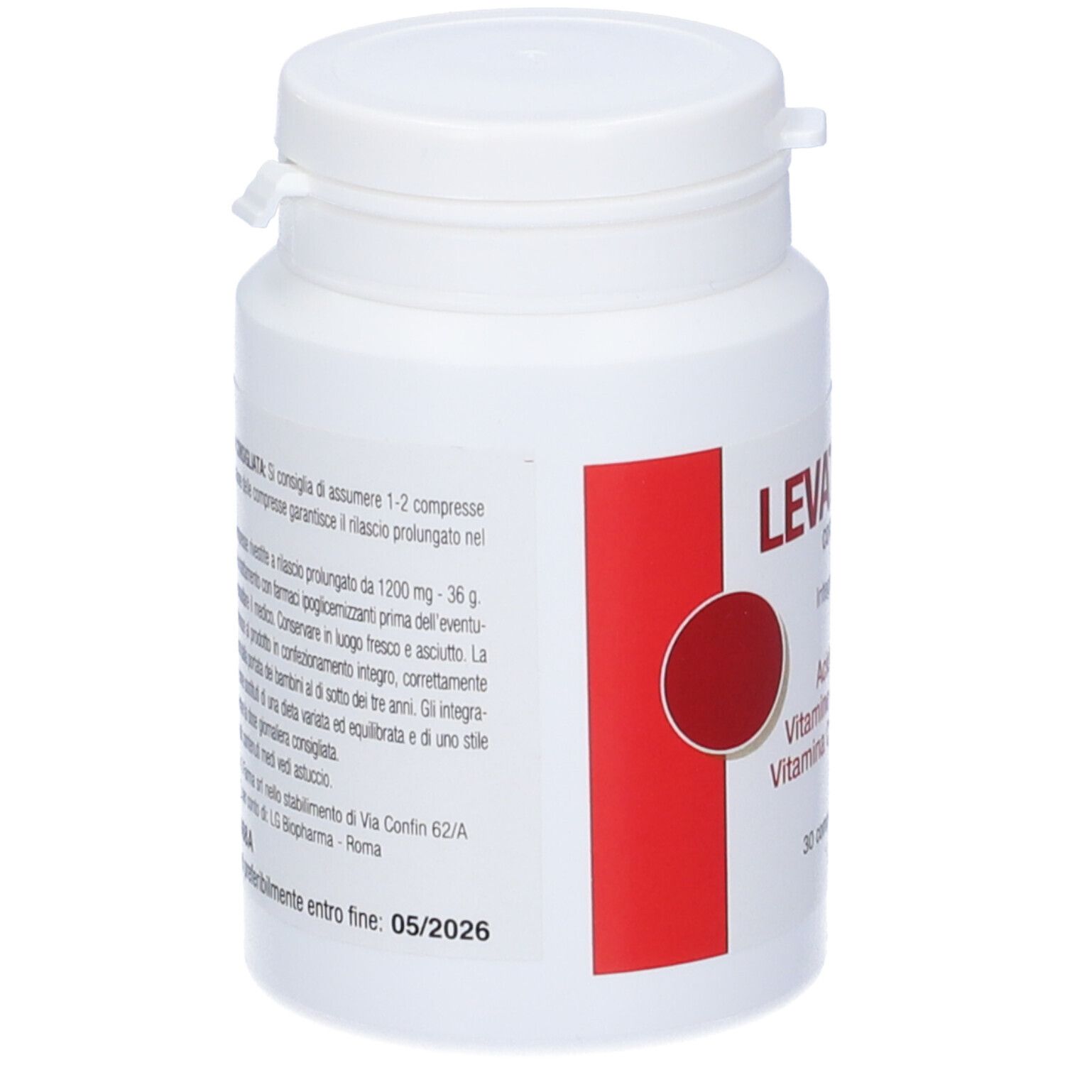 Flacone bianco Levatrent, compresse. Etichetta rossa con testo. Contiene 30 compresse. Ingredienti e informazioni. Marca: Biopharma.
