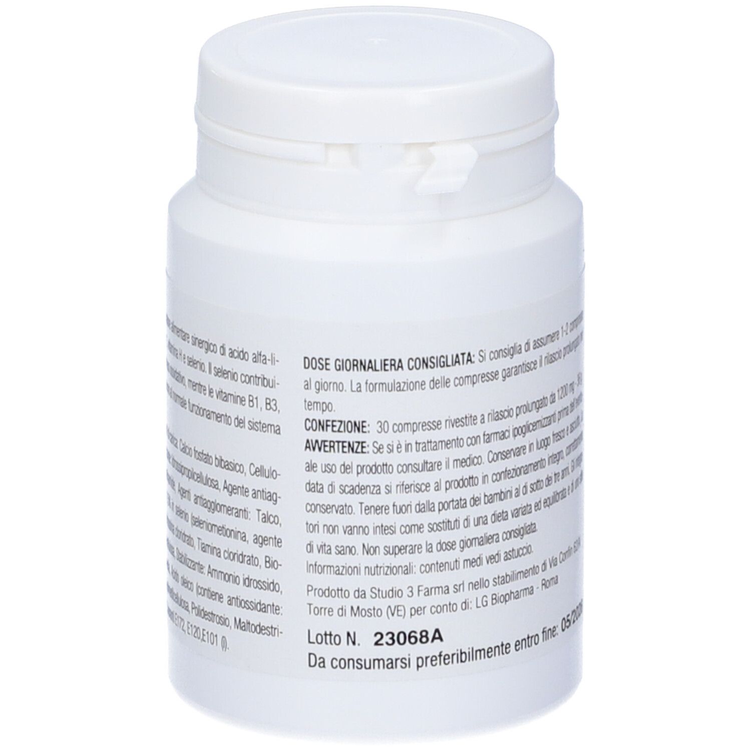 Flacone bianco Levatrent, compresse. Etichetta rossa con testo. Contiene 30 compresse. Ingredienti e informazioni. Marca: Biopharma.