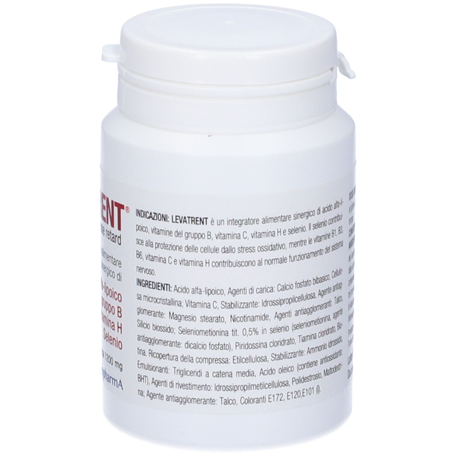 Flacone bianco Levatrent, compresse. Etichetta rossa con testo. Contiene 30 compresse. Ingredienti e informazioni. Marca: Biopharma.