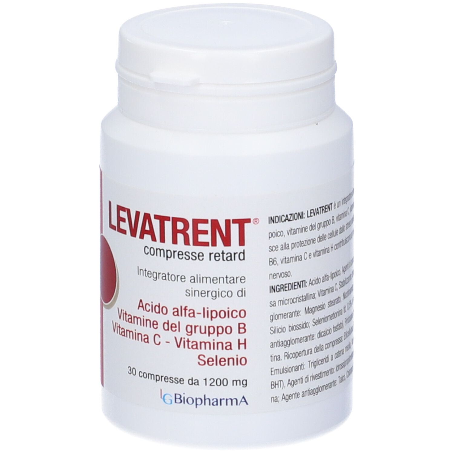 Flacone bianco di Levatrent, compresse retard. Etichetta rossa con informazioni. Contiene vitamine e selenio. Marca: Biopharma.