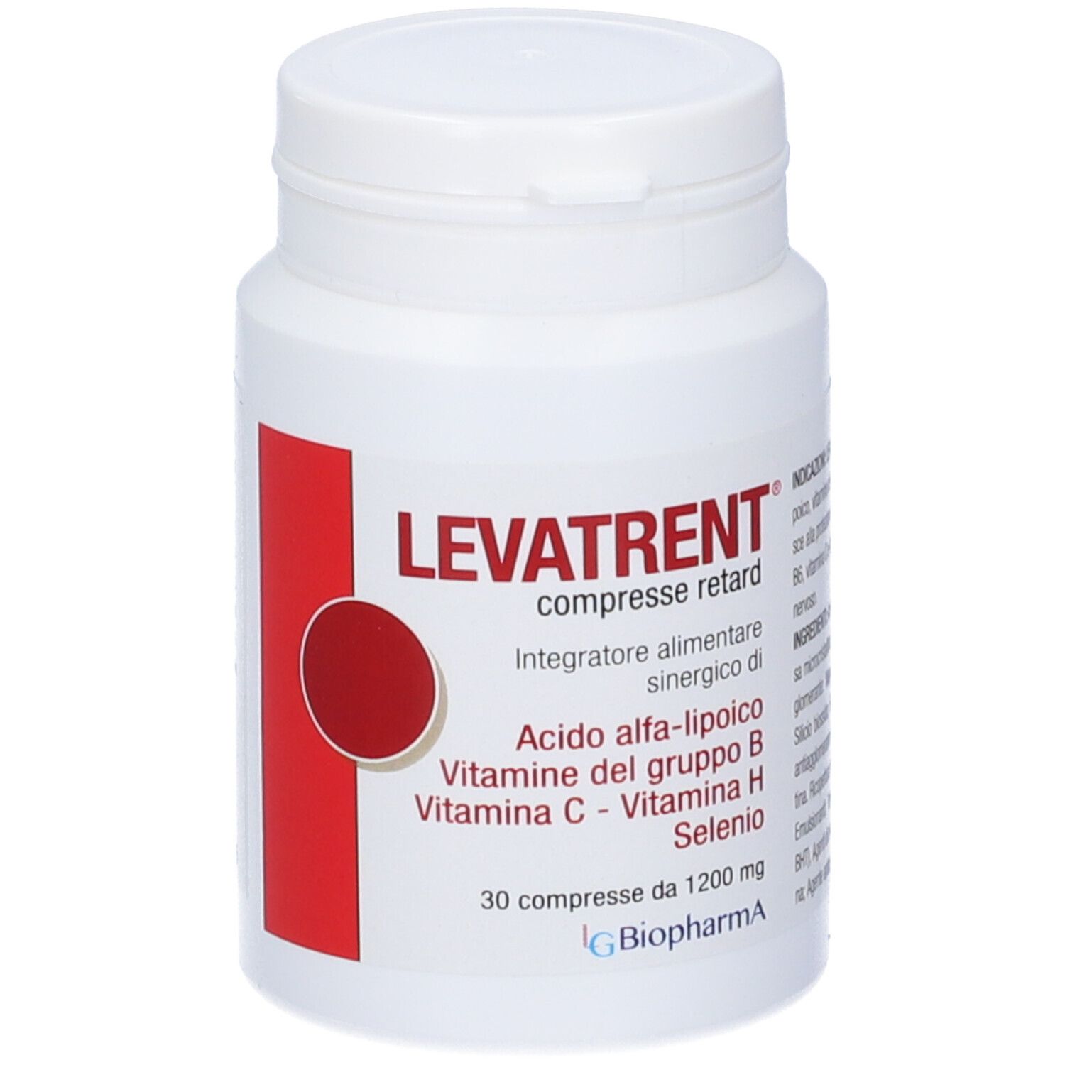 Flacone bianco di Levatrent, compresse retard. Etichetta rossa con informazioni. Contiene vitamine e selenio. Marca: Biopharma.