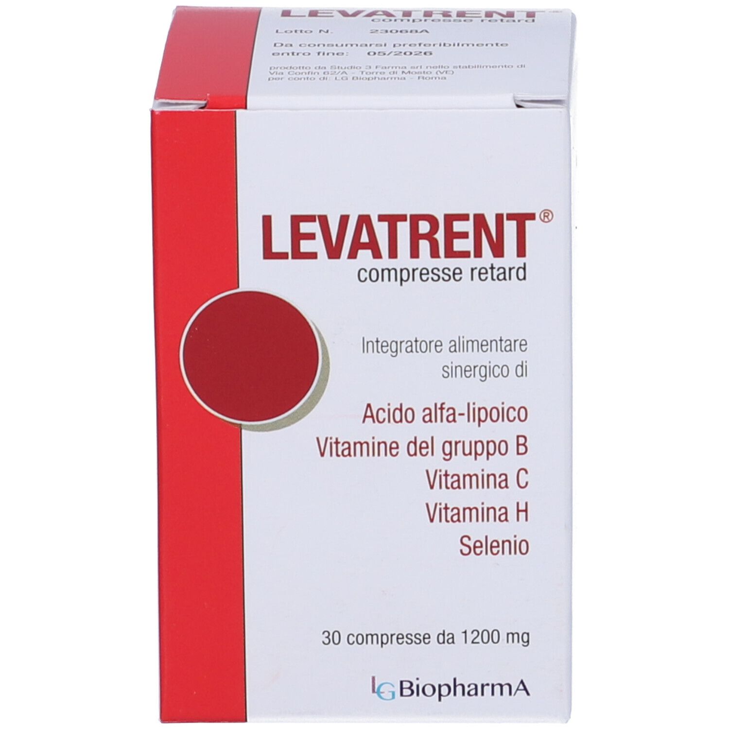 Scatola Levatrent, compresse. Contiene vitamine e selenio. Marca: Biopharma. Design rosso.