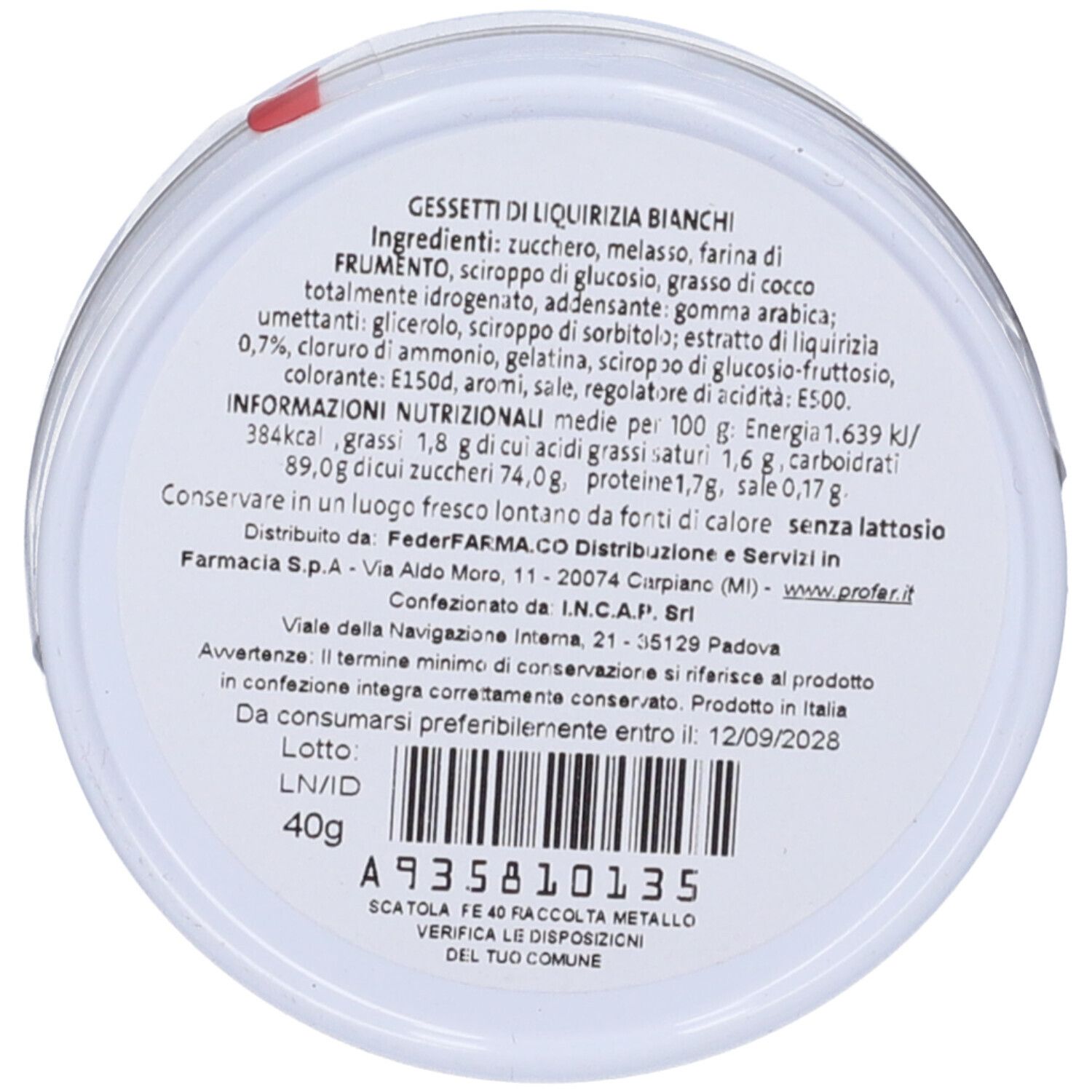 Fondo scatola con testo. Contiene ingredienti, informazioni nutrizionali, produttore e scadenza: 12/09/2028.