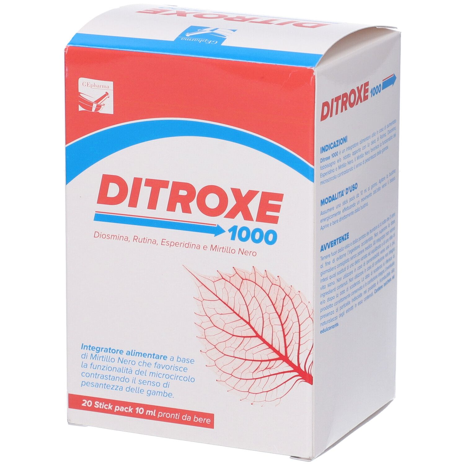 Scatola Ditroxe 1000, bianca, rossa e blu. Testo: Diosmina, Rutina, Esperidina e Mirtillo Nero. 20 stick. Vista frontale.