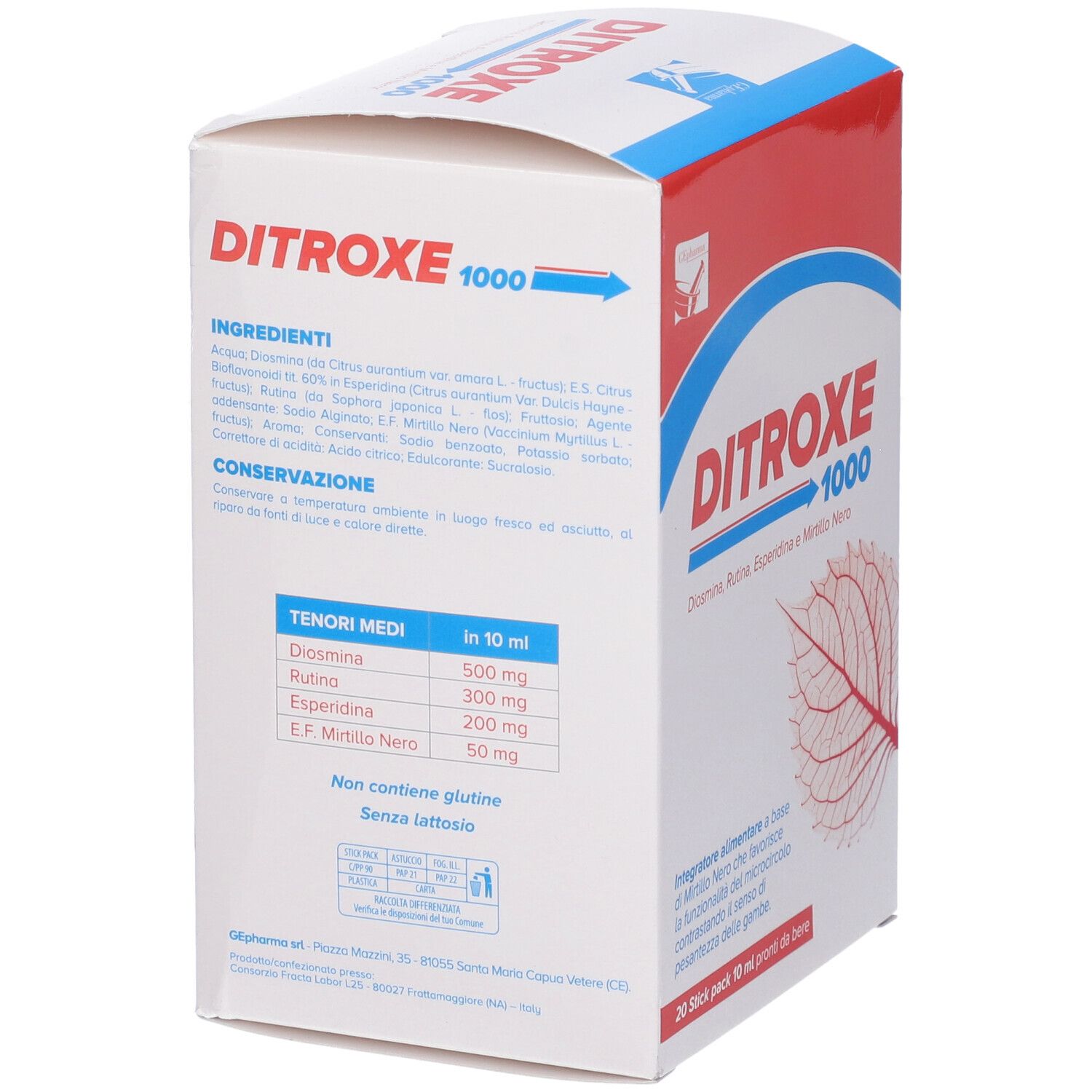 Retro della scatola Ditroxe 1000. Contiene ingredienti e informazioni nutrizionali. Testo: Diosmina, Rutina, Esperidina e Mirtillo Nero.
