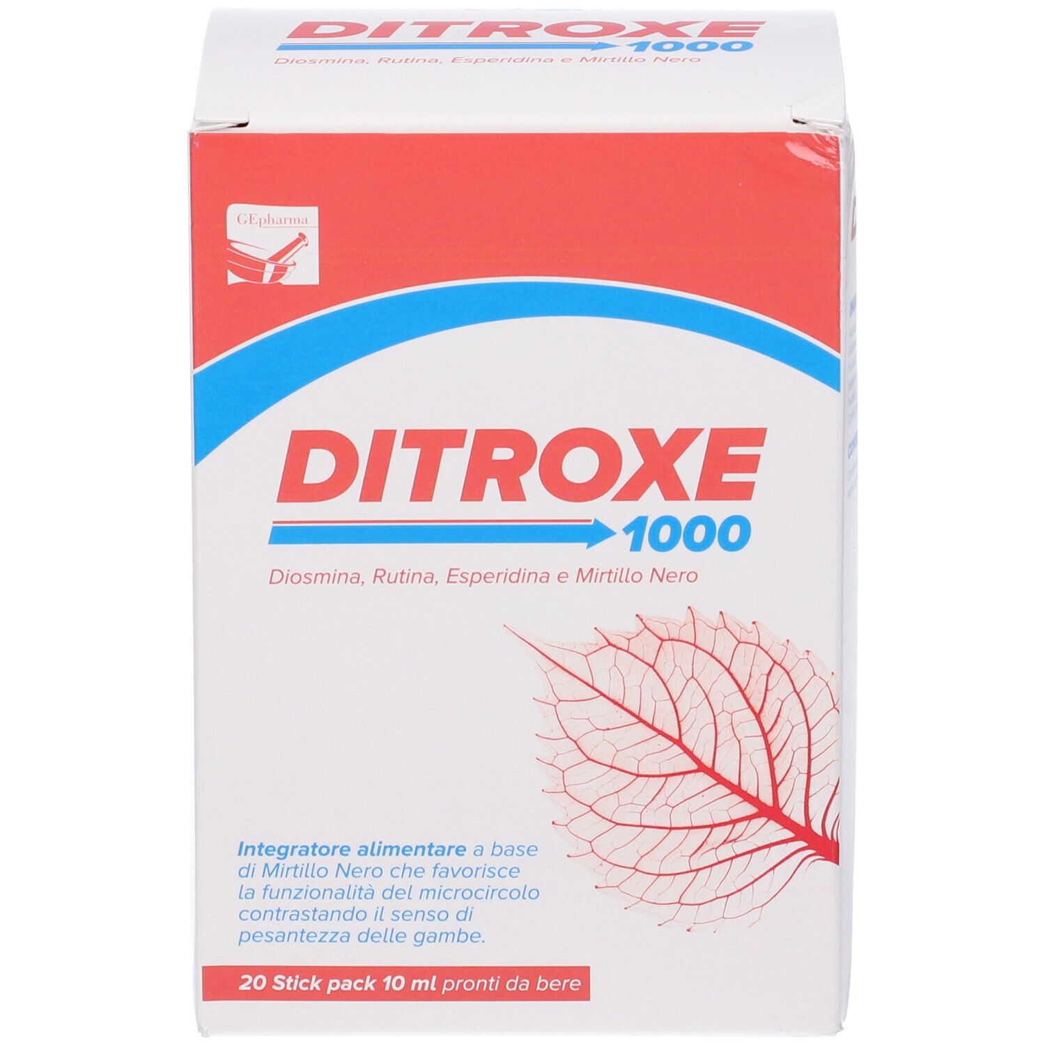 Scatola Ditroxe 1000, bianca, rossa e blu. Testo: Diosmina, Rutina, Esperidina e Mirtillo Nero. 20 stick. Vista frontale.