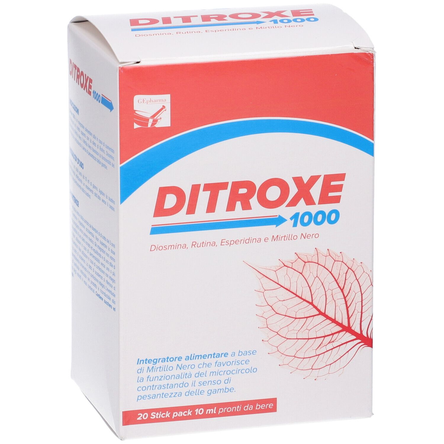 Scatola Ditroxe 1000, bianca, rossa e blu. Testo: Diosmina, Rutina, Esperidina e Mirtillo Nero. 20 stick. Vista frontale.