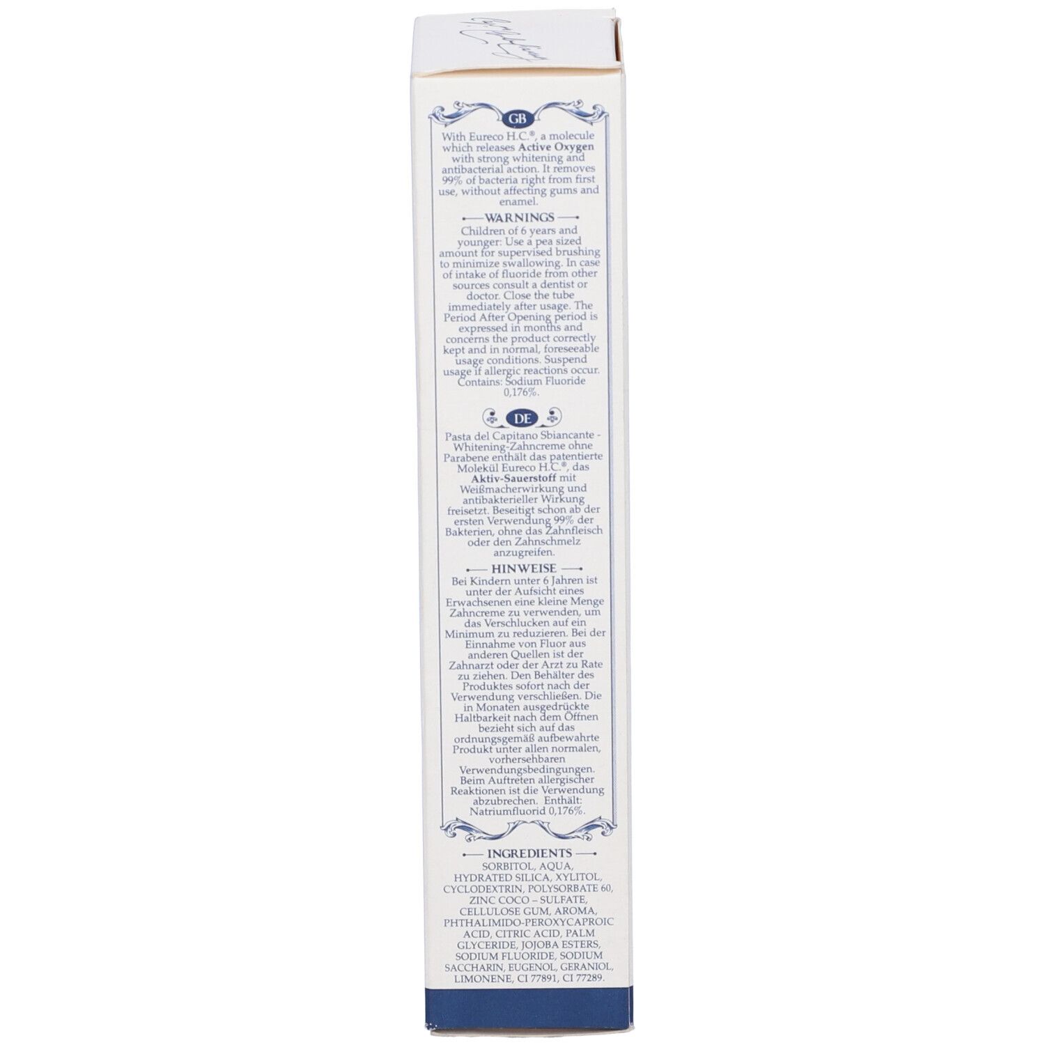 Retro della scatola di dentifricio. Testo multilingue. Contiene gli ingredienti.