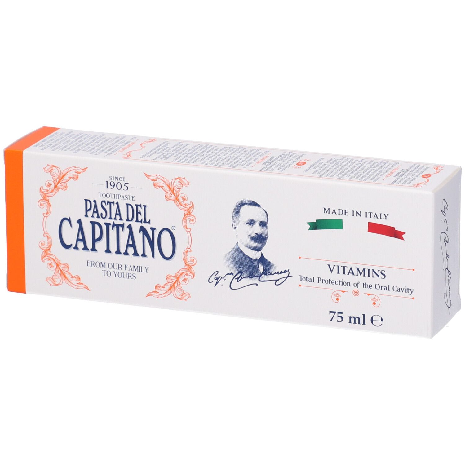 Confezione di dentifricio bianca con dettagli arancioni. Testo: Pasta del Capitano, Vitamine, 75 ml. Made in Italy.