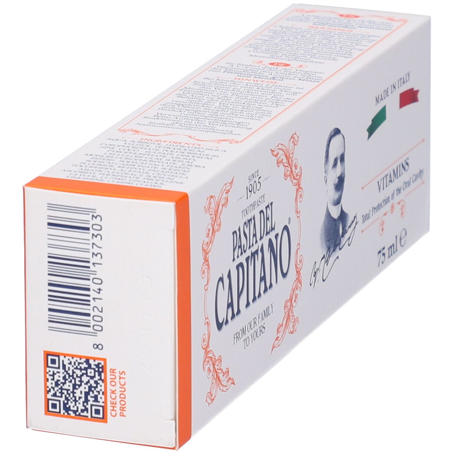 Confezione di dentifricio bianca con dettagli arancioni. Testo: Pasta del Capitano, Vitamine, 75 ml. Made in Italy.