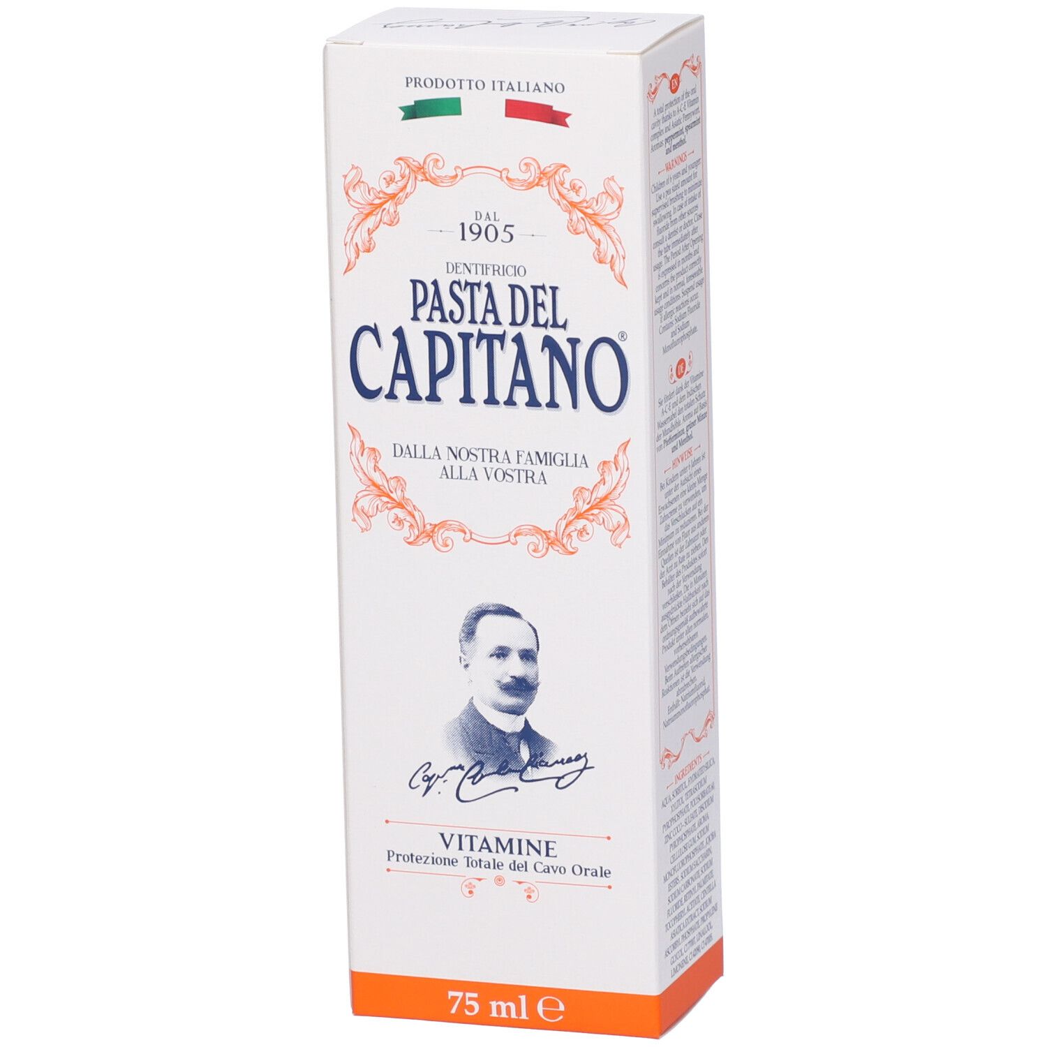 Confezione di dentifricio bianca con dettagli arancioni. Testo: Pasta del Capitano, Vitamine, 75 ml. Made in Italy.