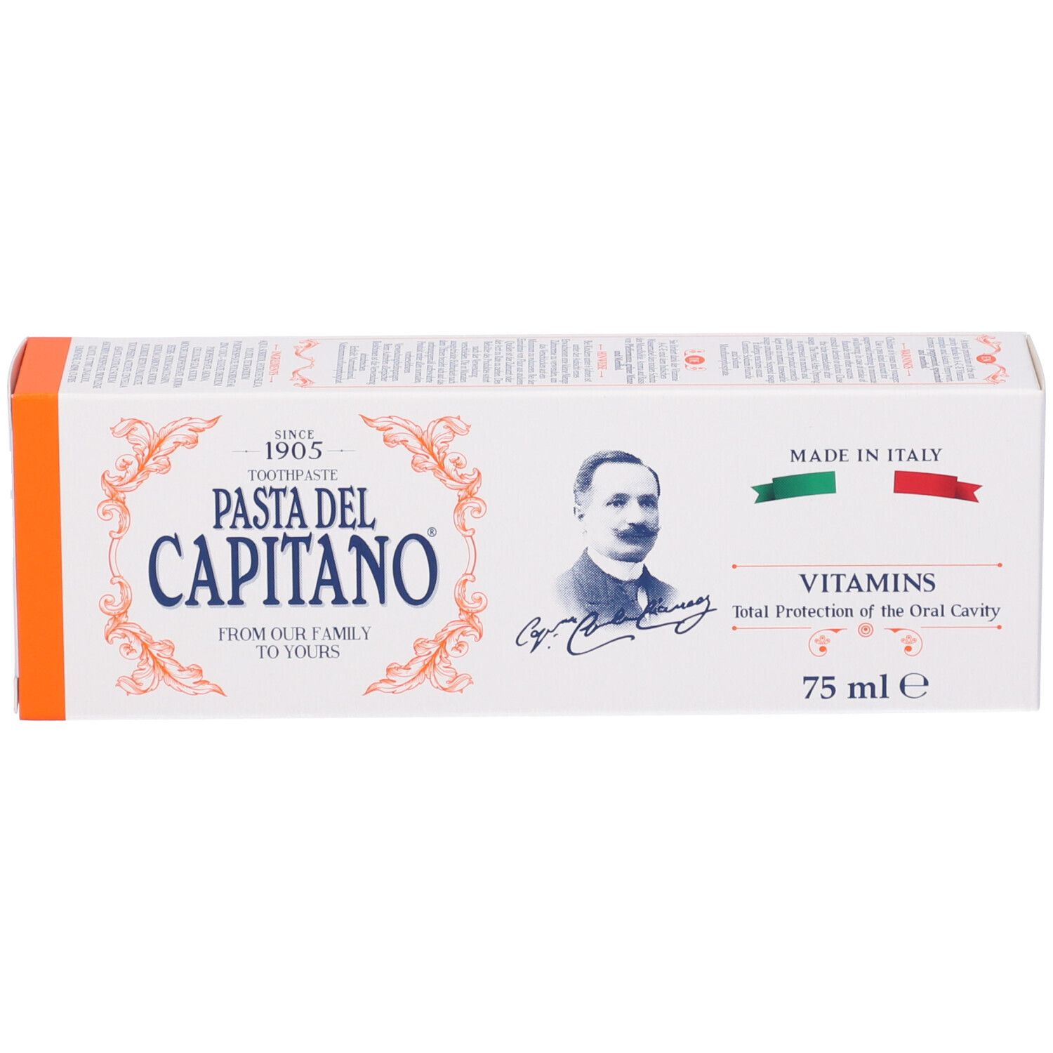 Confezione di dentifricio bianca con dettagli arancioni. Testo: Pasta del Capitano, Vitamine, 75 ml. Made in Italy.