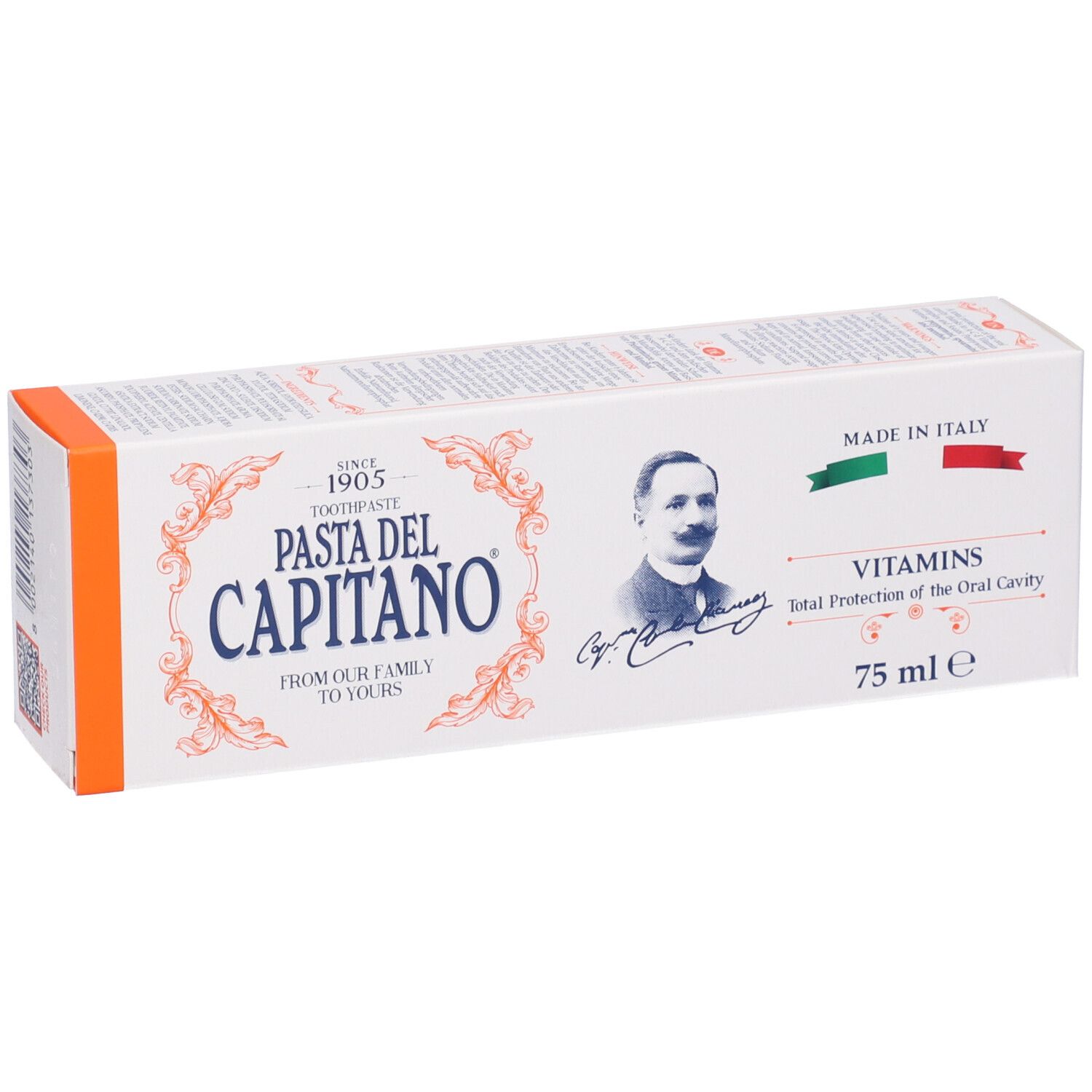Confezione di dentifricio bianca con dettagli arancioni. Testo: Pasta del Capitano, Vitamine, 75 ml. Made in Italy.