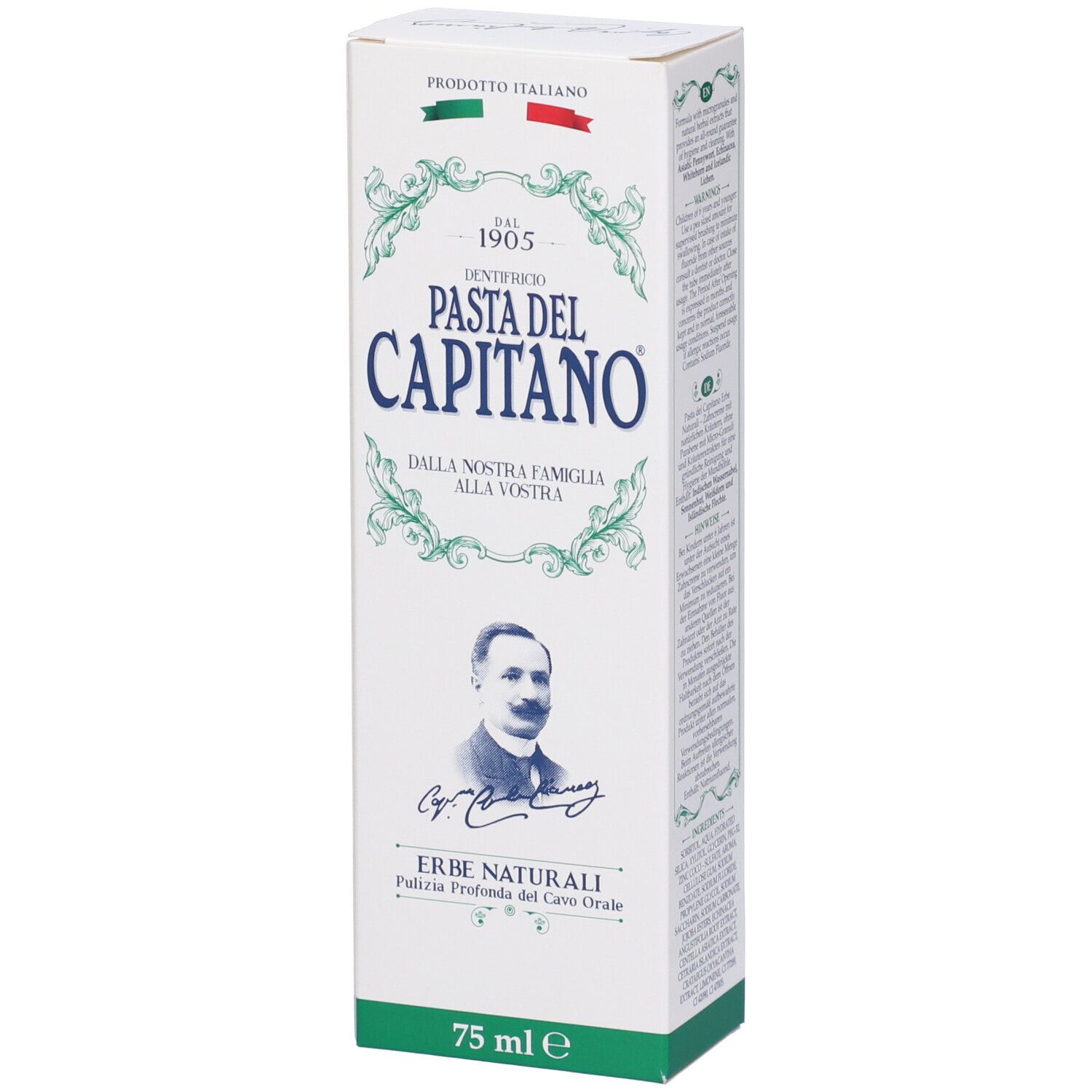 Scatola di dentifricio bianca e verde. Scritta: Pasta del Capitano, Erbe Naturali. Bandiera italiana.
