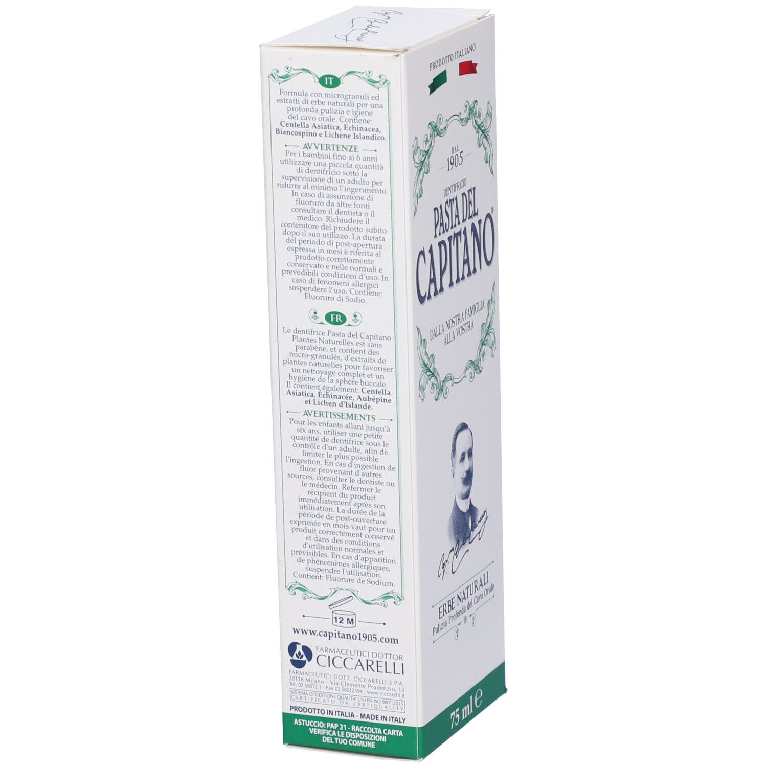 Scatola di dentifricio bianca e verde. Scritta: Pasta del Capitano, Erbe Naturali. Bandiera italiana.