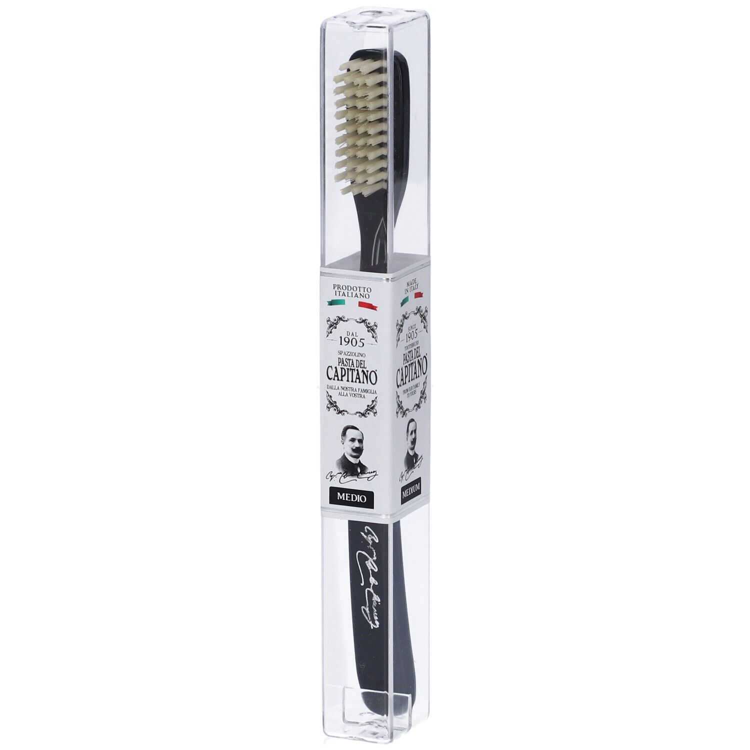 Spazzolino nero in confezione trasparente. Sulla confezione è scritto "Pasta del Capitano" e "Soft".