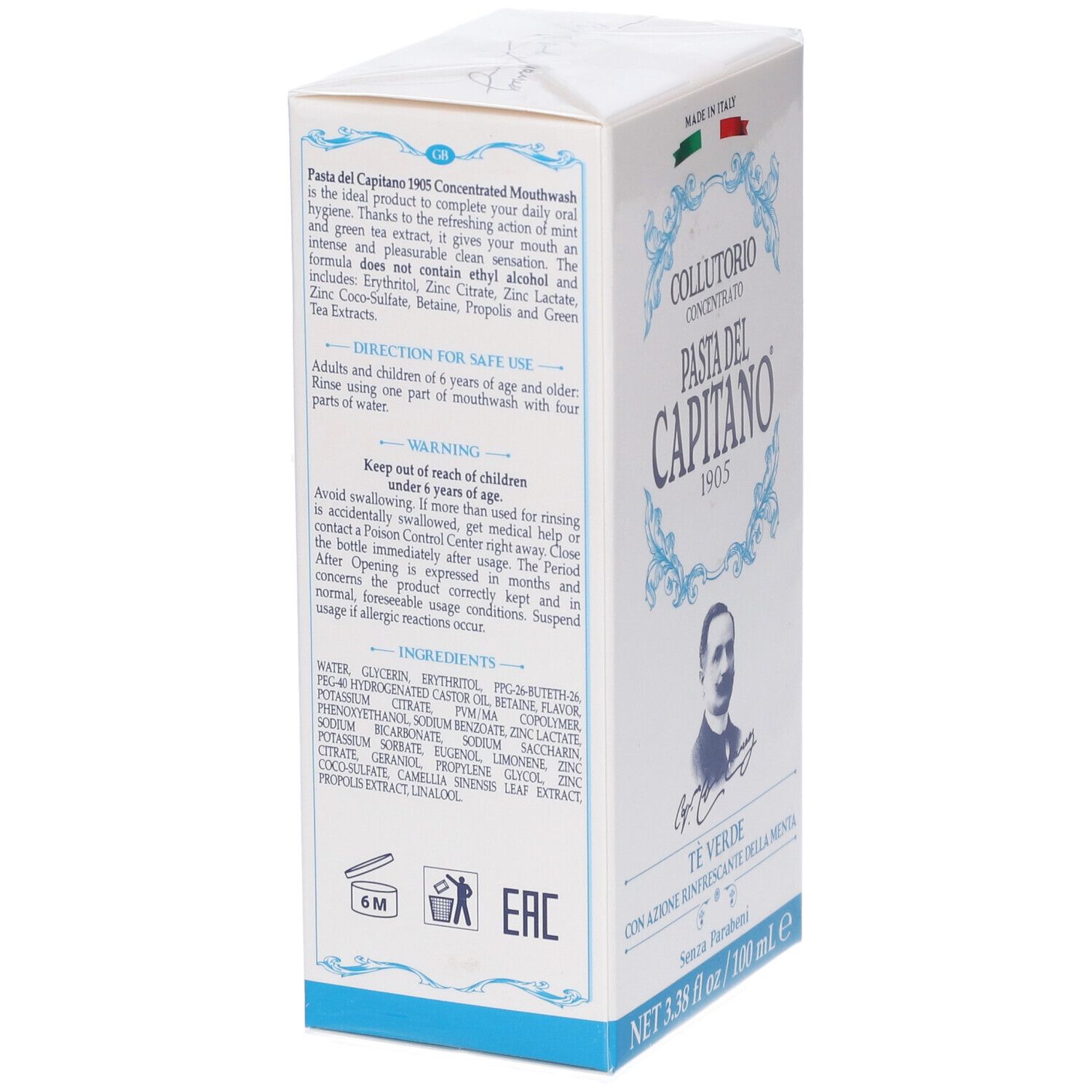Scatola bianca, vista laterale. Testo: Collutorio Concentrato, Pasta Del Capitano 1905, ingredienti, istruzioni per l'uso, certificazioni.