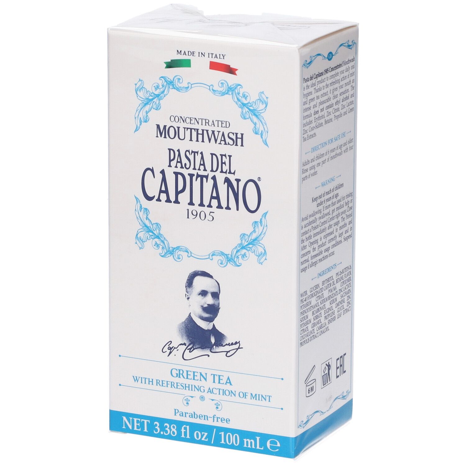 Scatola bianca con nome del prodotto e ritratto. Testo: Concentrated Mouthwash, Pasta Del Capitano 1905, Green Tea.