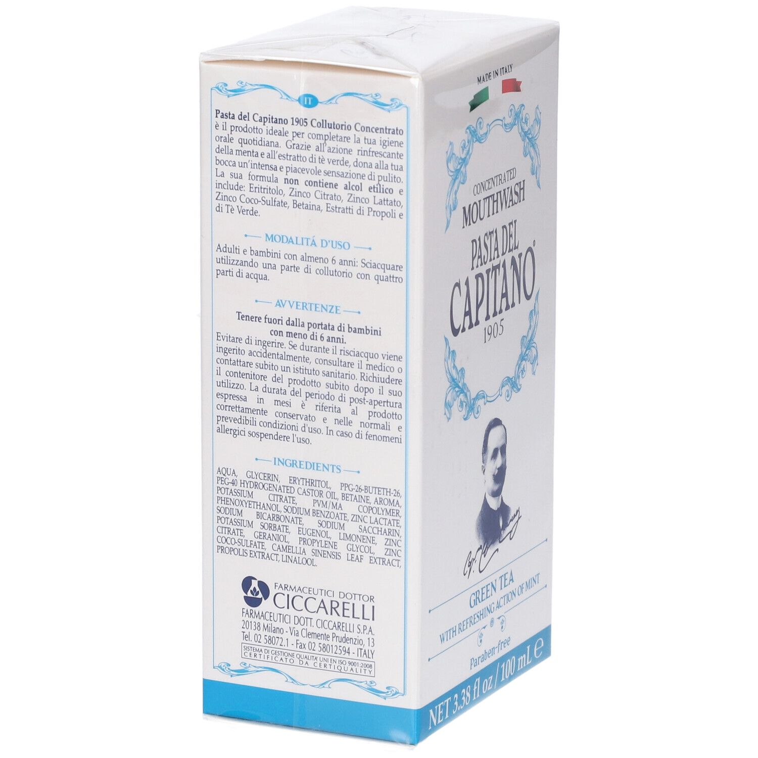 Scatola bianca, vista laterale. Testo: Concentrated Mouthwash, Pasta Del Capitano 1905, ingredienti, istruzioni per l'uso, certificazioni.