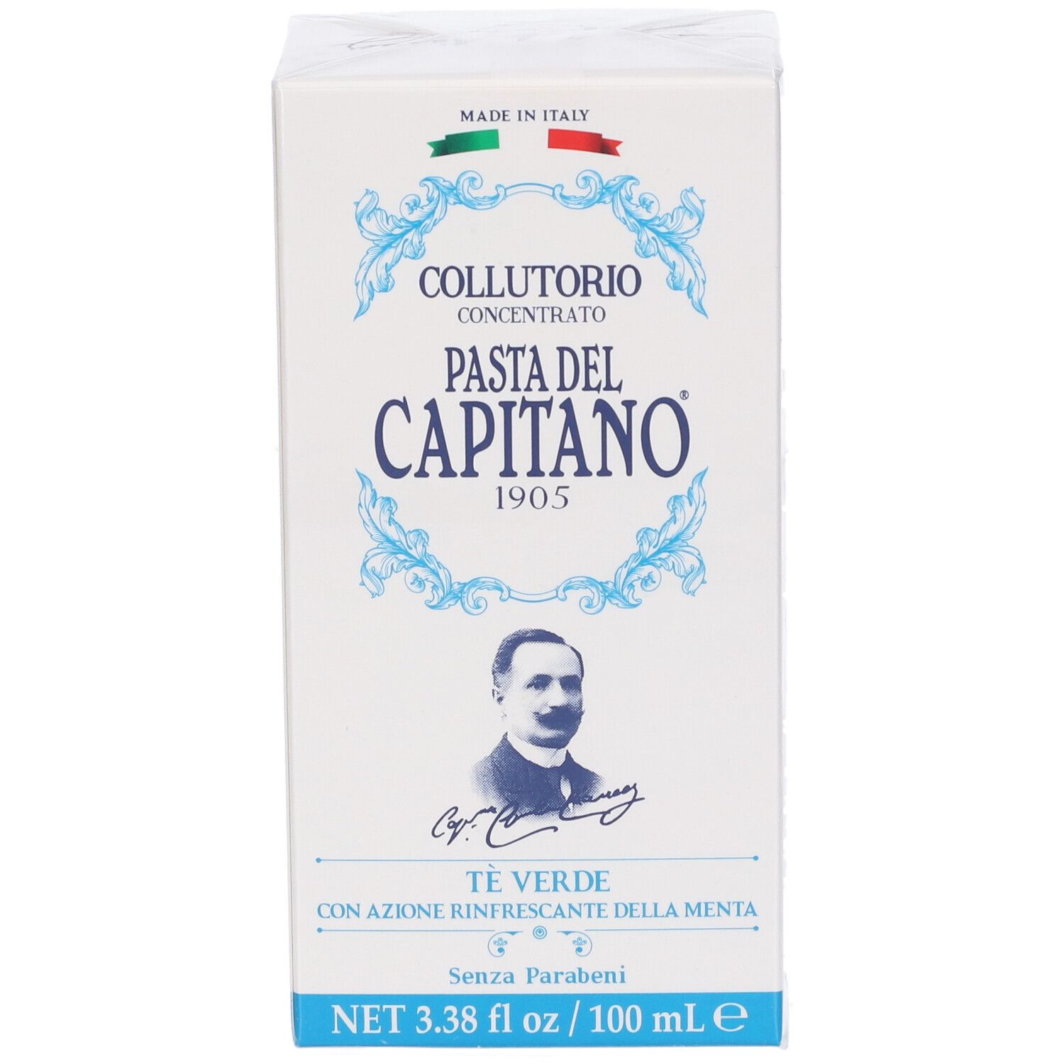 Scatola bianca con nome del prodotto e bandiera italiana. Testo: Collutorio Concentrato, Pasta Del Capitano 1905, Te Verde.